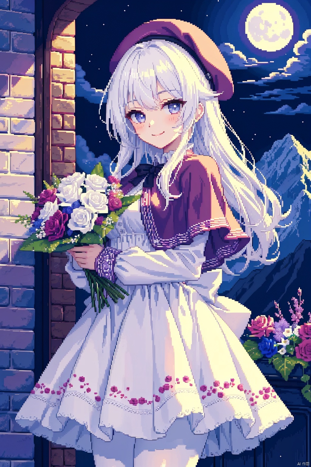  masterpiece,(best quality),(highly detailed),colorful,solo,(1girl),(looking_at_viewer:1.2),(smile:1.5),(long_hair:1.2),(bangs:0.8),(long_sleeves),(hat),(dress:1.2),(holding),(closed_mouth),(standing),(flower:1.2),(white_hair:1.5),(cowboy_shot),(frills:1.2),(sky),(blunt_bangs),(white_dress),(window),(capelet:0.8),(night),(rose),(beret),(white_headwear),(moon),(frilled_dress),(red_flower:0.8),(red_rose:0.8),(bouquet),(mountain),(purple_flower:1.2),(white_capelet),(holding_bouquet)
, backlight, white pantyhose, ((pixelart))