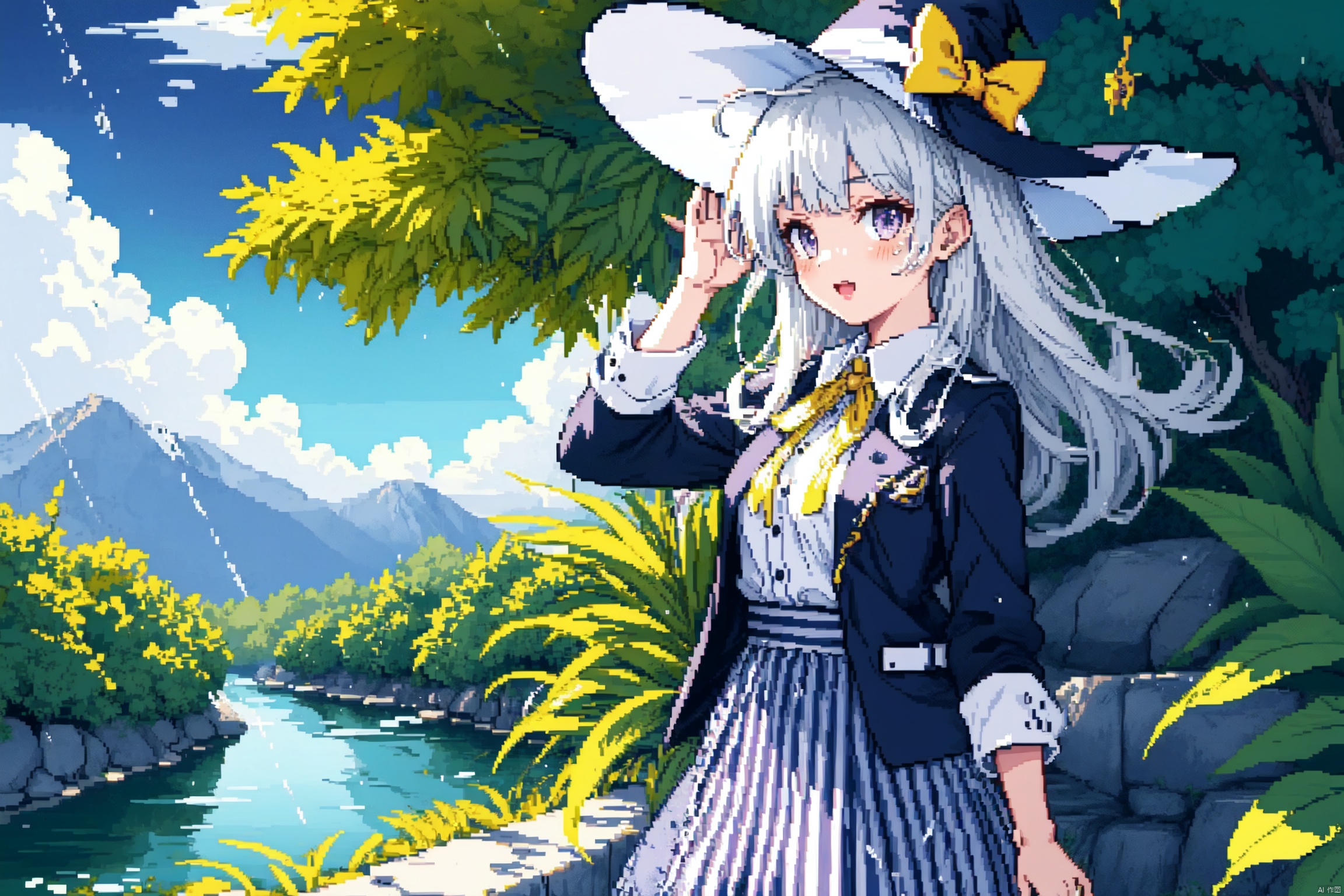  1girl, ahoge, (standing,dark clouds,overcast sky,panorama,tree,stone road,river,rainy),dynamic pose, elaina (majo no tabitabi), smile, purple eyes, solo, long hair, bangs, floating leaves,(outdoors),:o, shirt, skirt, bow, white hair, blush, long sleeves,vertical stripes, striped, collared shirt, potted plant, cover image, vertical-striped dress, yellow ribbon,open clothes,witch hat,mid shot,(silver hair),backlight, ((pixelart))