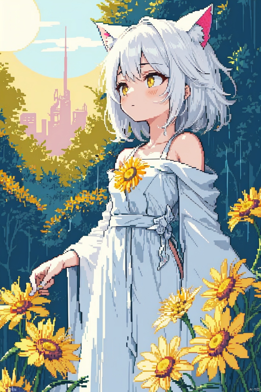  yellow theme,the setting sun,(((Chamomile))),Chamomile,cornflower,vines,forest,ruins,lens flare,hdr,Tyndall effect,damp,wet,1girl,bare shoulders,broken glass,broken wall,white hair,white dress,closed mouth,constel lation,flat color,braid,blinking,white robe,float,closed mouth,constel lation,flat color,looking up,standing,medium hair,standing,solo,((catgirl)), ((pixelart))