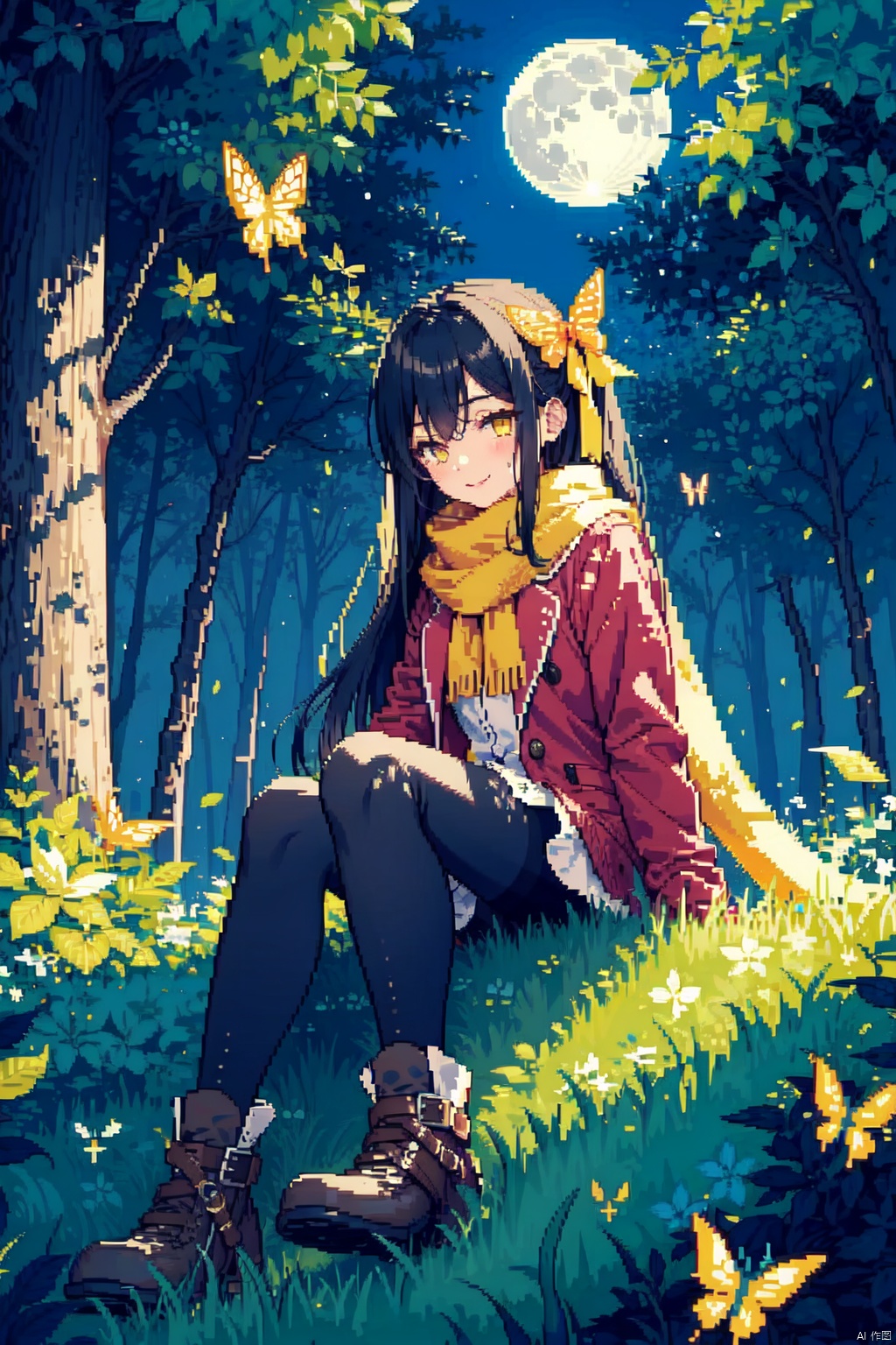  1girl, cat, solo, long hair, pantyhose, scarf, black hair, butterfly, sitting, nature, bug, argyle, night, forest, tree, moon, breath, smile, yellow eyes, hair bow, boots, bow, dress, full moon, brown eyes, black pantyhose, argyle legwear, hair ribbon, ribbon,half closed Eyes, backlight, msn, ((pixelart))