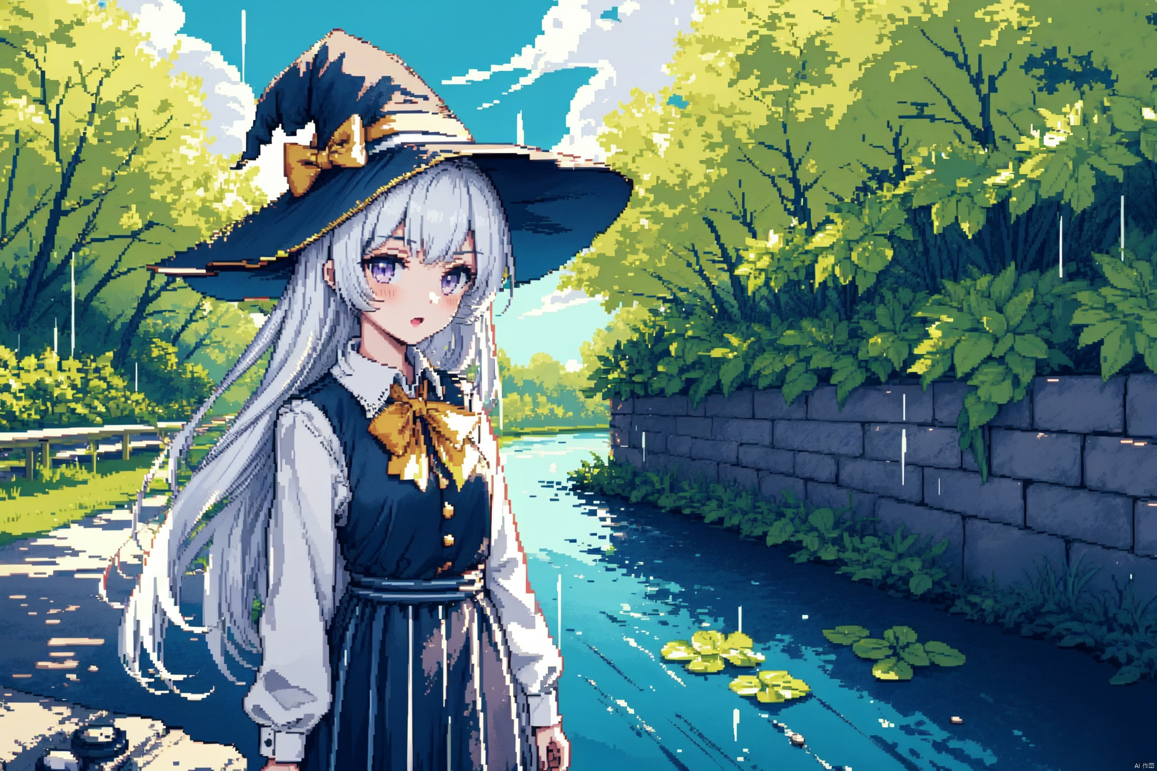  1girl, ahoge, (standing,dark clouds,overcast sky,panorama,tree,stone road,river,rainy),dynamic pose, elaina (majo no tabitabi), smile, purple eyes, solo, long hair, bangs, floating leaves,(outdoors),:o, shirt, skirt, bow, white hair, blush, long sleeves,vertical stripes, striped, collared shirt, potted plant, cover image, vertical-striped dress, yellow ribbon,open clothes,witch hat,mid shot,(silver hair),backlight, ((pixelart))