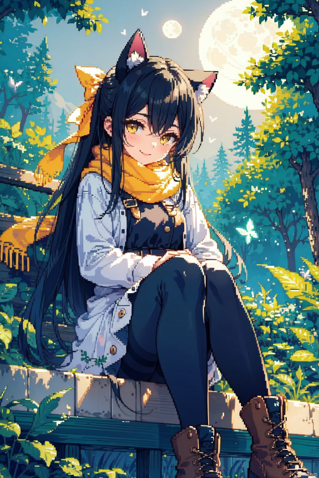  1girl, cat, solo, long hair, pantyhose, scarf, black hair, butterfly, sitting, nature, bug, argyle, night, forest, tree, moon, breath, smile, yellow eyes, hair bow, boots, bow, dress, full moon, brown eyes, black pantyhose, argyle legwear, hair ribbon, ribbon,half closed Eyes, backlight, msn, ((pixelart))