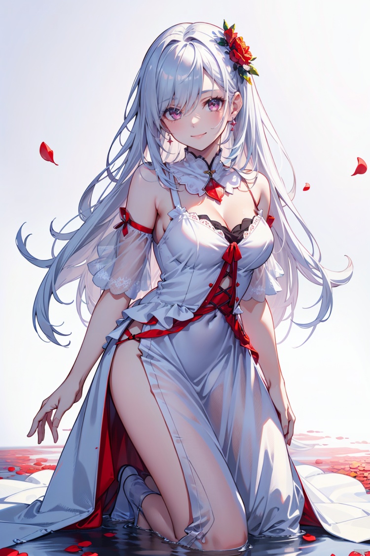  1girl, red eyes, white long translucent night gown, expressionless, (white hair), hair cover one eye, long hair, red hair flower, kneeling on lake, blood, (plenty of red petals:1.35), (white background:1.5), (English text),


 Highest picture quality, masterpiece, exquisite CG, exquisite and complicated hair accessories, big watery eyes, highlights, natural light, Super realistic, cinematic lighting texture, absolutely beautiful, 3D max, vray, c4d, ue5, corona rendering, redshift, octane rendering, （Show whole body）, （all body）, ((pixelart)), colors