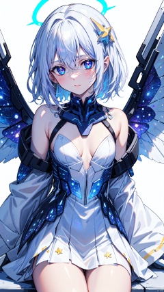  ((best quality)), ((masterpiece)),((ultra-detailed)), (illustration), (detailed light), (an extremely delicate and beautiful),
((solo)),((cowboy shot)),
(((a beautiful girl))),((small_breasts)),((looking at viewer)),
(galaxy adorns colorful wings),(((starry_wings,galaxy_wings):1.5)),(Glowing line tattoos),
(white skirt),(white dress),(Glowing halo),
(beautiful eyes),white hair,
((white background:1.7)),
((sitting)), colors