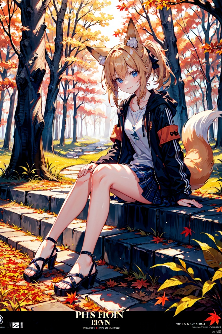  1girl, solo, looking at viewer, sitting, fox ears, full body, strappy heels,plaid shirt, short sleeves,jacket, bow, bangs, low ponytail, blonde hair fox tail, fox girl, kitsune, ((autumn, outdoors, day, forest, falling leaves, bird, leaf)), (fog, dyntall effect), (wide shot, panorama, full body, depth of field),(movie poster,english text),(Flagstone road,branches), colors