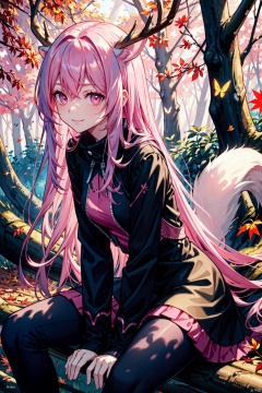  Pink hair color, LONG hair, Pink eyes, smile, sitting on fallen tree, autumn forest, dappled sunlight, deer, squirrel, bird, butterfly style, xinniang, backlight, colors