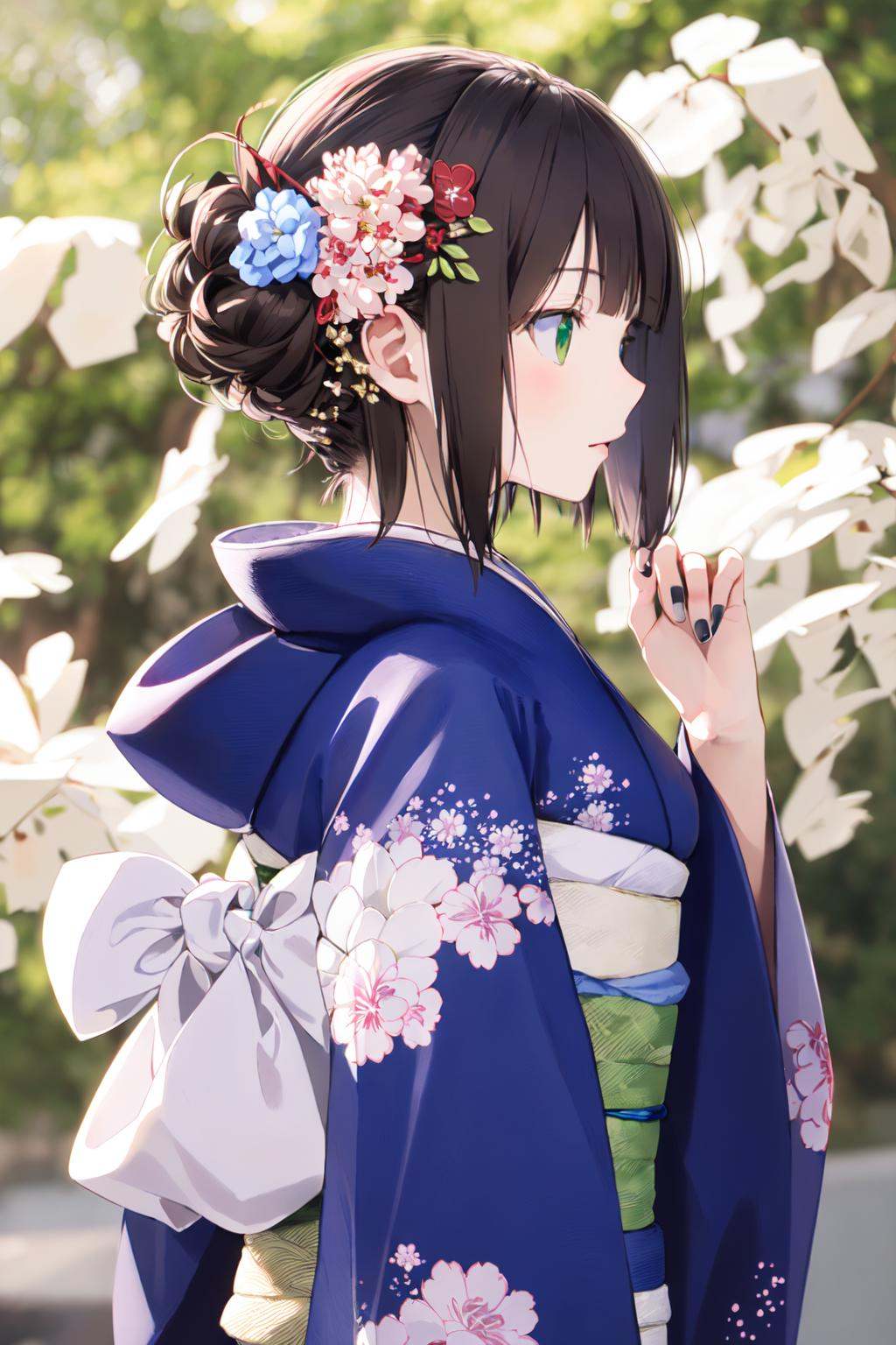 (masterpiece:1.2),best quality,PIXIV,1girl,solo,japanese clothes,hair ornament,brown hair,flower,amami haruka,kimono,hair flower,short hair,green eyes,petals,upper body,profile,<lora:happy new year_20240102112354-000018:1>,