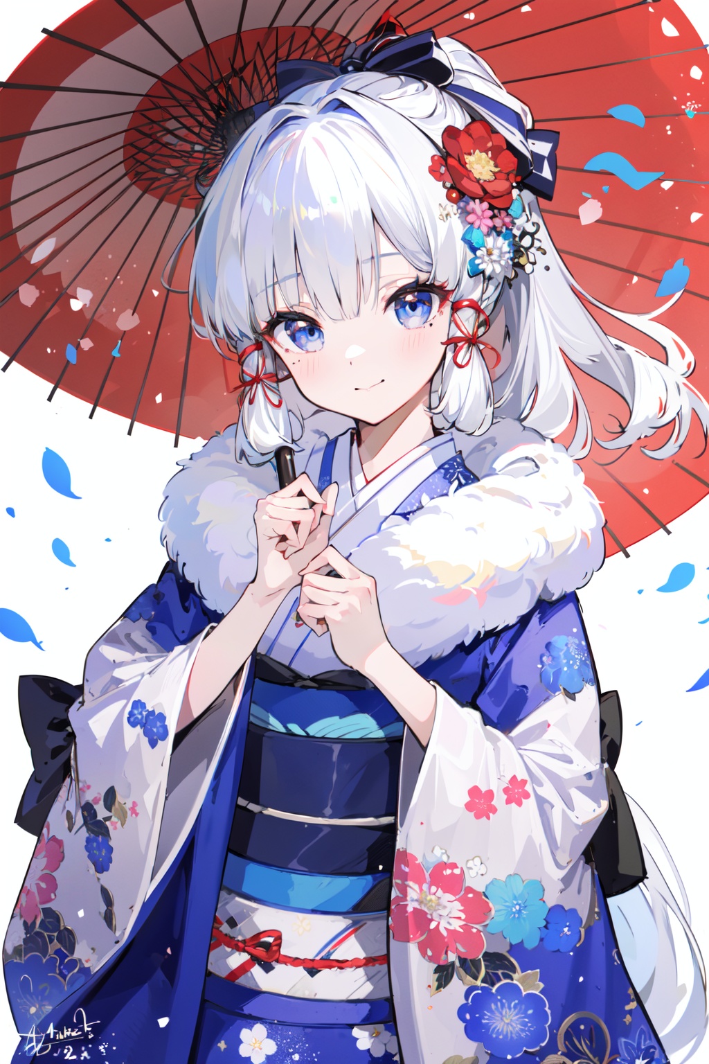 (masterpiece:1.2),best quality,PIXIV,1girl, kamisato ayaka, umbrella, solo, japanese clothes, kimono, ponytail, mole under eye, floral print, blue eyes, mole, bangs, hair ornament, long hair, holding umbrella, oil-paper umbrella, holding, white background, looking at viewer, smile, blunt bangs, flower knot, wide sleeves, simple background, sash, ribbon, hair ribbon, closed mouth, white hair, hair bow, bow, flower, long sleeves, hair flower, obi, alternate costume, sidelocks<lora:happy new year_20240102112354-000018:0.8>,