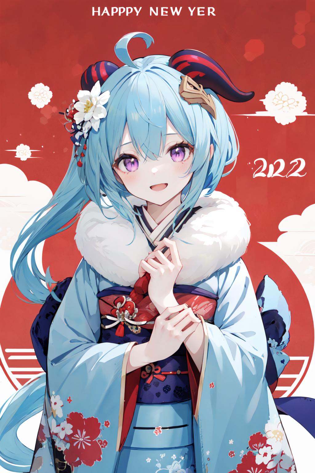 (masterpiece:1.2),best quality,PIXIV,happy new year,1girl, ganyu (genshin impact), solo, horns, blue hair, ahoge, long hair, flower, kimono, looking at viewer, hair ornament, hair flower, bangs, smile, japanese clothes, blush, holding, new year, open mouth, long sleeves, sash, blue kimono, wide sleeves, floral print, goat horns, obi, hair between eyes, upper body, sidelocks, :d, fur trim, alternate costume, fur collar, flower knot, purple eyes, happy new year, low ponytail, white flower, 2021, multicolored eyes, omikuji<lora:happy new year_20240102112354-000018:0.8>,