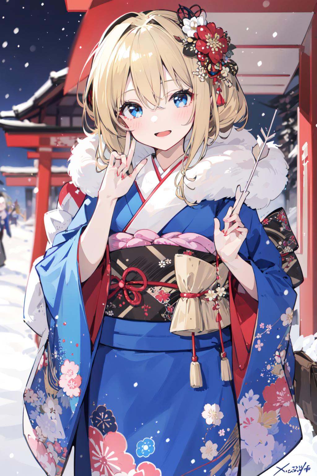 (masterpiece:1.2),best quality,PIXIV,multiple girls,japanese clothes,2girls,hair ornament,kimono,blue eyes,blonde hair,sash,brown hair,obi,smile,arrow (projectile),open mouth,outdoors,:d,holding,hair flower,floral print,looking at viewer,flower,hair between eyes,bangs,print kimono,hamaya,fur collar,wide sleeves,blue kimono,long sleeves,long hair,waving,blush,x hair ornament,new year,bag,holding arrow,ema,snowing,snow,blurry,red flower,kinchaku,holding bag,sidelocks,hand up,signature,fur trim,furisode,standing,day,handbag,depth of field,torii,pouch,<lora:happy new year_20240102112354-000018:0.8>,