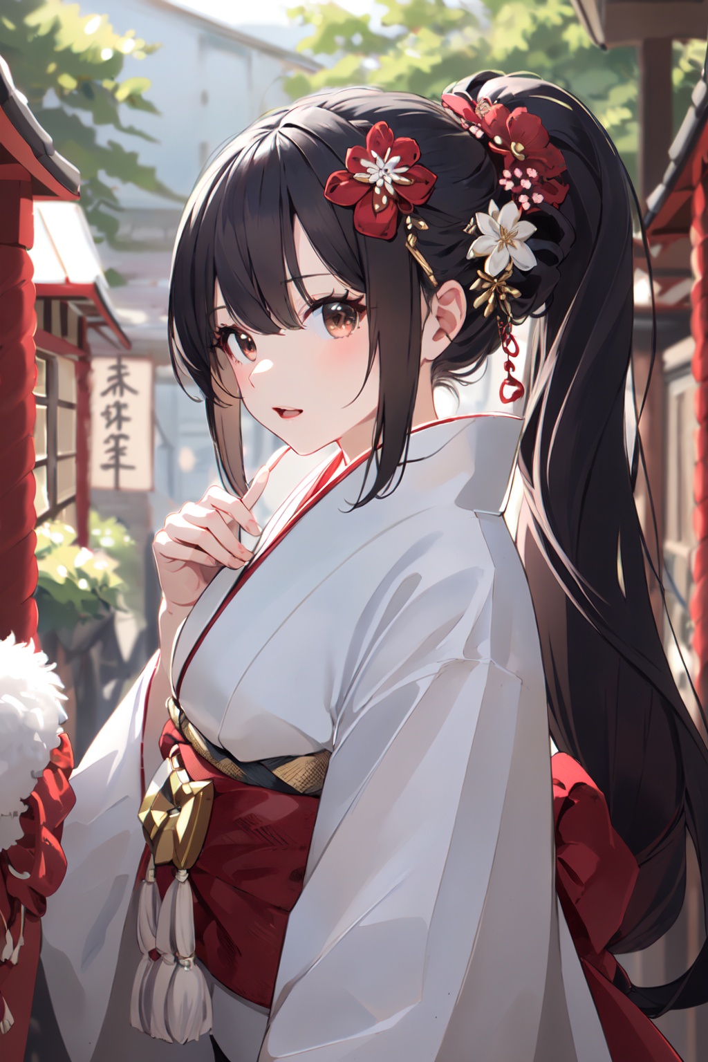 (masterpiece:1.2),best quality,PIXIV,1girl,solo,long hair,miko,japanese clothes,black hair,hair ornament,hairclip,looking at viewer,ponytail,black eyes,very long hair,omikuji,brown eyes,from side,wide sleeves,<lora:happy new year_20240102112354-000018:0.8>,