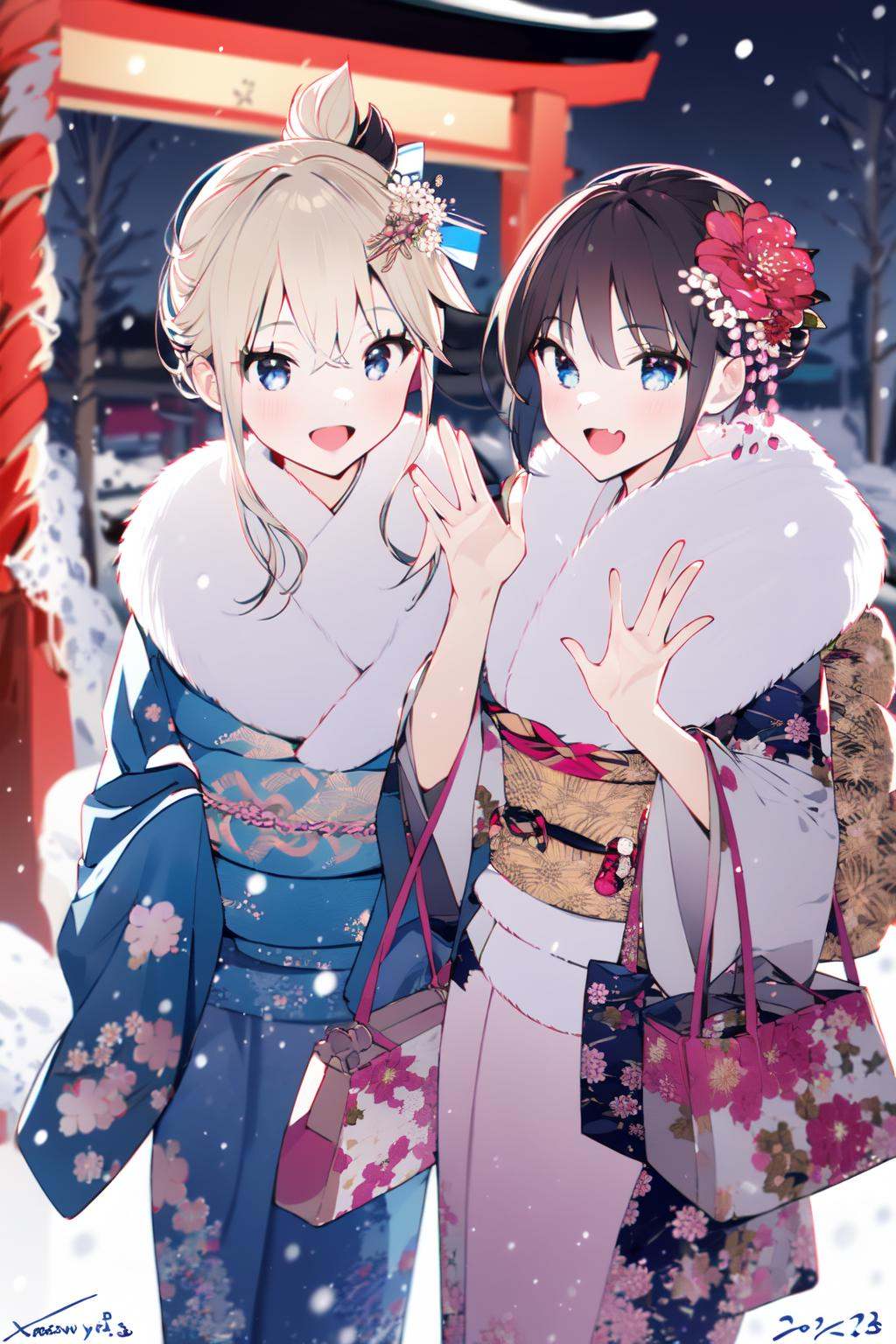 (masterpiece:1.2),best quality,PIXIV,multiple girls,japanese clothes,2girls,hair ornament,kimono,blue eyes,blonde hair,sash,brown hair,obi,smile,arrow (projectile),open mouth,outdoors,:d,holding,hair flower,floral print,looking at viewer,flower,hair between eyes,bangs,print kimono,hamaya,fur collar,wide sleeves,blue kimono,long sleeves,long hair,waving,blush,x hair ornament,new year,bag,holding arrow,ema,snowing,snow,blurry,red flower,kinchaku,holding bag,sidelocks,hand up,signature,fur trim,furisode,standing,day,handbag,depth of field,torii,pouch,<lora:happy new year_20240102112354-000018:1>,