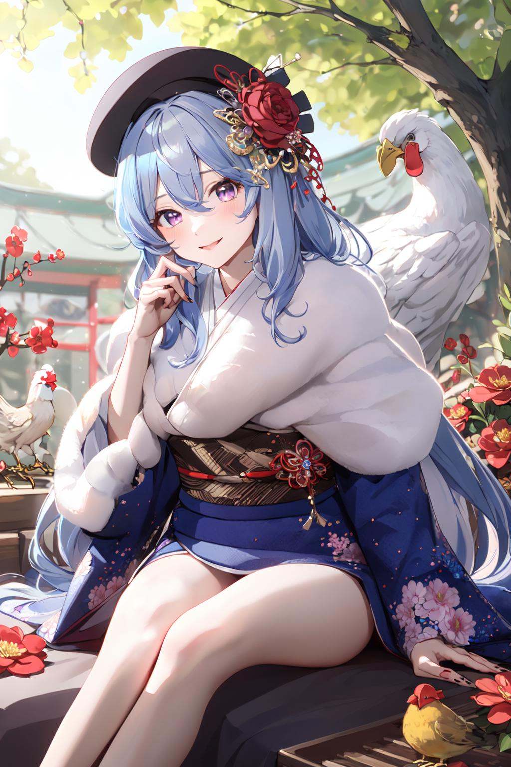 (masterpiece:1.2),best quality,PIXIV,1girl,bird,hair ornament,smile,flower,solo,sitting,arrow (projectile),japanese clothes,long hair,looking at viewer,purple eyes,chicken,hair flower,kimono,hamaya,animal,blush,tree,wide sleeves,hairclip,striped,hat,bangs,earrings,closed mouth,red flower,jewelry,holding arrow,long sleeves,x hair ornament,vertical stripes,chinese zodiac,hair between eyes,beret,grey hair,nengajou,branch,sash,skirt,<lora:happy new year_20240102112354-000018:1>,