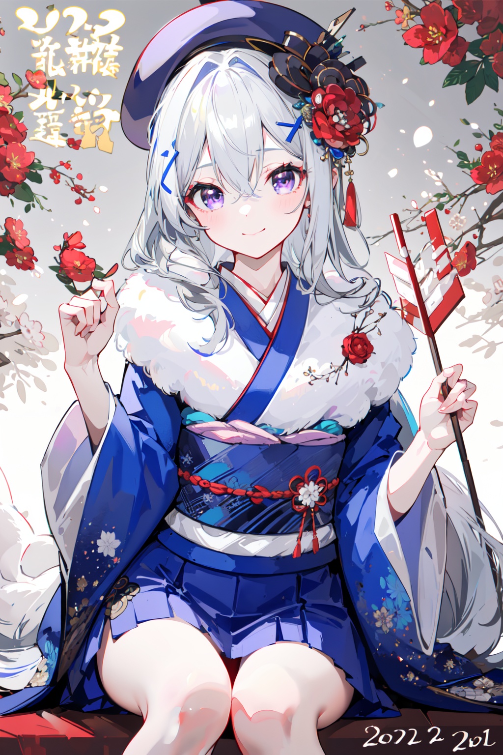 (masterpiece:1.2),best quality,PIXIV,1girl,bird,hair ornament,smile,flower,solo,sitting,arrow (projectile),new year,japanese clothes,long hair,looking at viewer,purple eyes,happy new year,chicken,hair flower,kimono,hamaya,animal,blush,tree,wide sleeves,hairclip,striped,hat,bangs,earrings,closed mouth,red flower,jewelry,holding arrow,long sleeves,x hair ornament,vertical stripes,chinese zodiac,year of the rooster,hair between eyes,beret,grey hair,nengajou,branch,sash,skirt,<lora:happy new year_20240102112354-000018:0.8>,