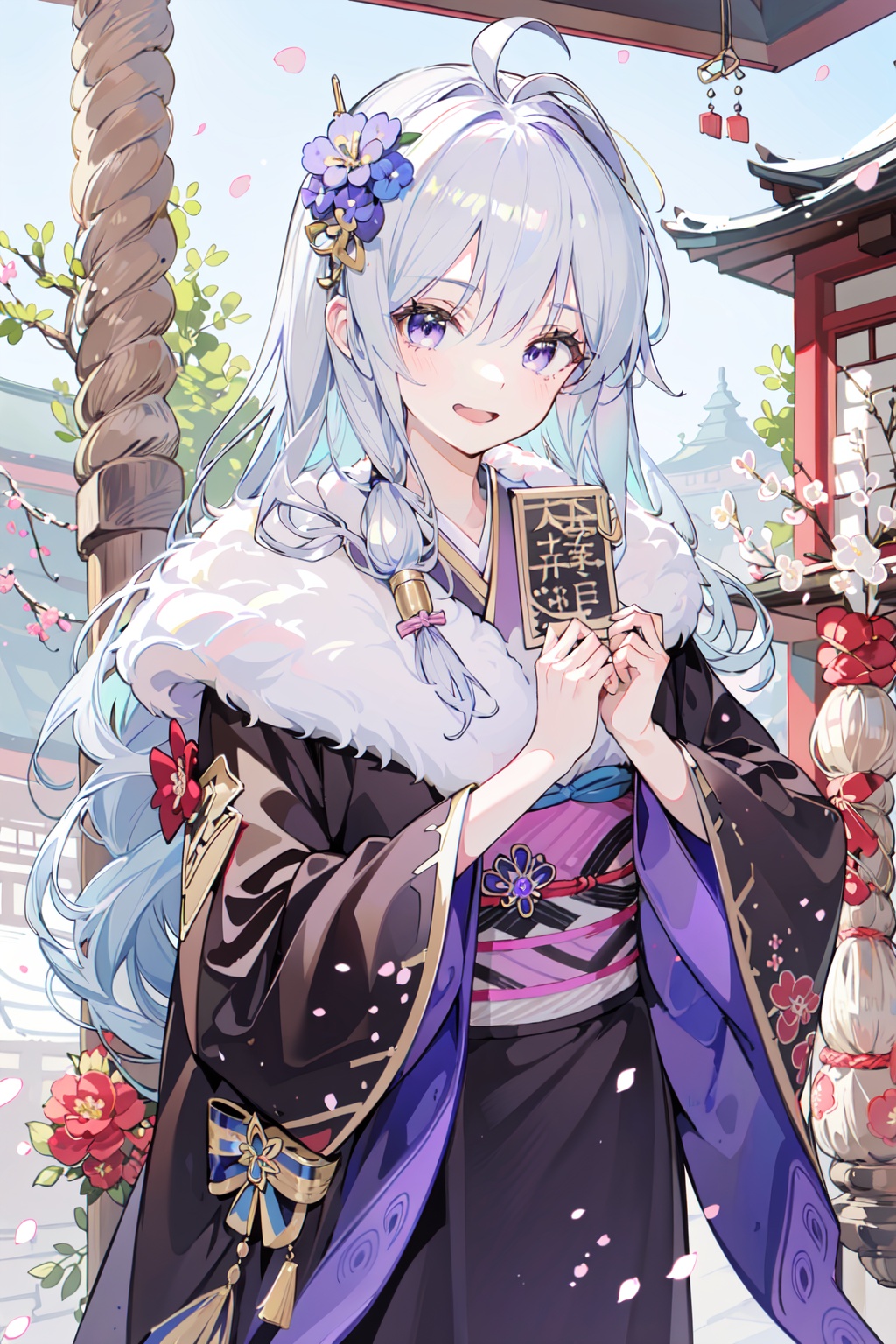 (masterpiece:1.2),best quality,PIXIV,Elaina,1girl,japanese clothes,kimono,shrine,praying,hair ornament,long hair,purple hair,black hair,donation box,white hair,hair flower,flower,open mouth,smile,<lora:happy new year_20240102112354-000018:0.8>,