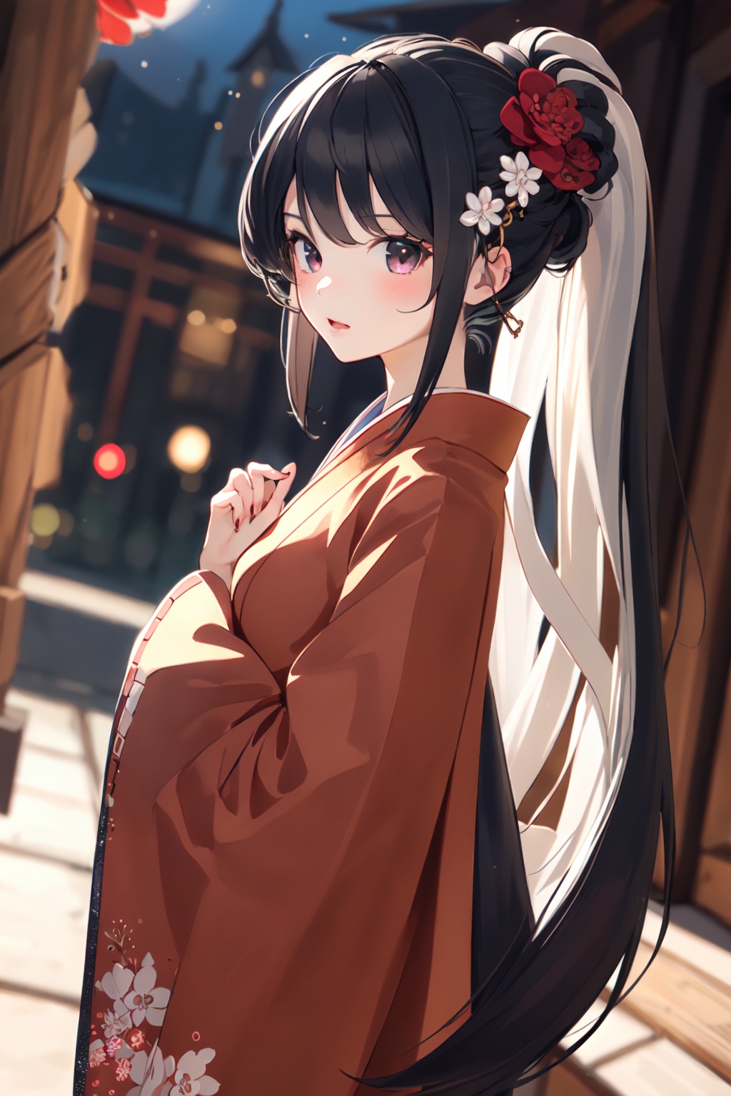 (masterpiece:1.2),best quality,PIXIV,1girl,solo,long hair,miko,japanese clothes,black hair,hair ornament,hairclip,looking at viewer,ponytail,black eyes,very long hair,omikuji,brown eyes,from side,wide sleeves,<lora:happy new year_20240102112354-000018:0.8>,