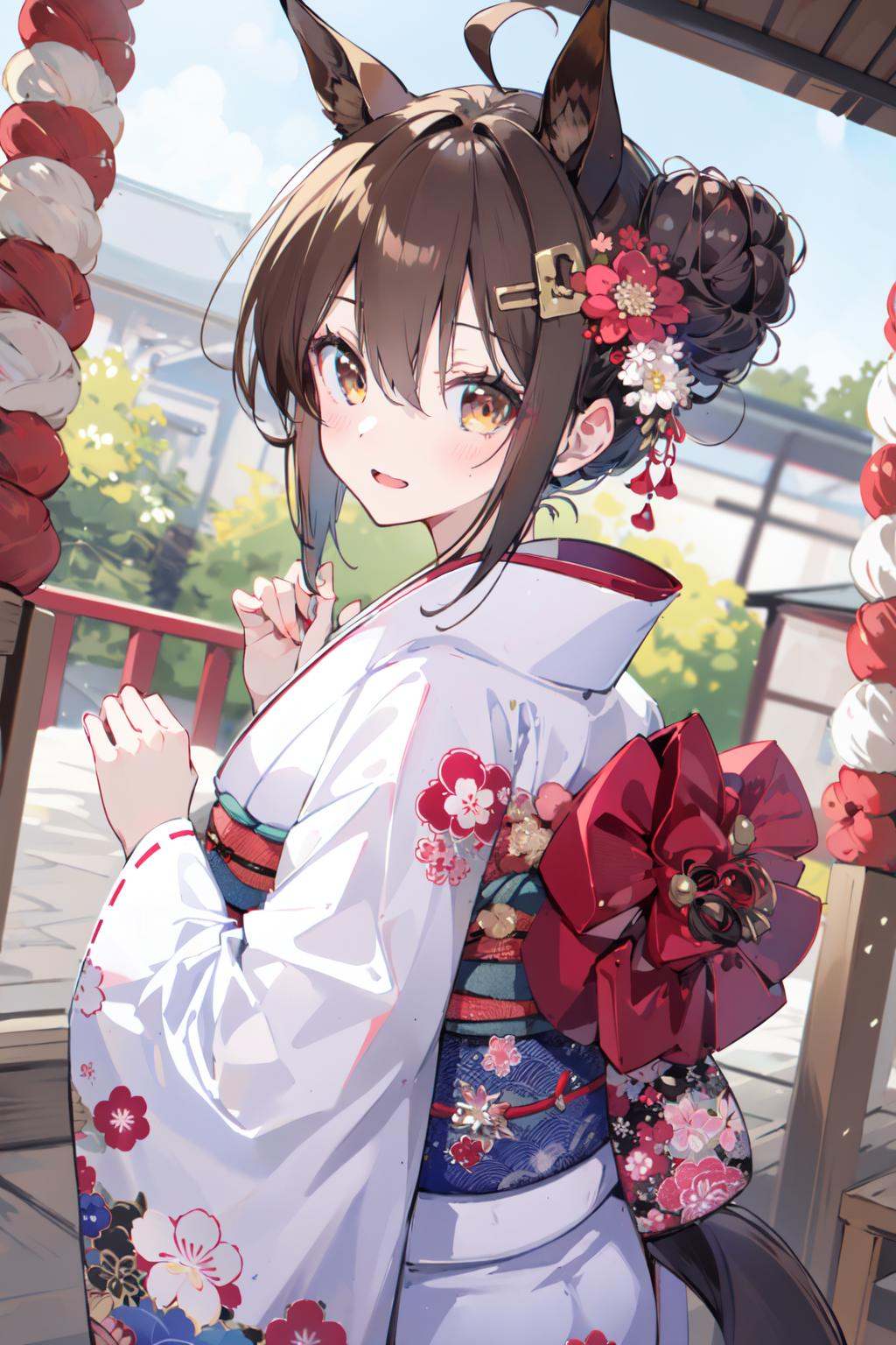 (masterpiece:1.2),best quality,PIXIV,1girl, animal ears, horse ears, tail, japanese clothes, solo, kimono, horse girl, horse tail, brown hair, hair ornament, looking at viewer, looking back, blush, from behind, open mouth, smile, hair flower, bangs, obi, own hands together, floral print, sash, wide sleeves, shrine, brown eyes, flower, white kimono, ahoge, hair between eyes, long sleeves, breath, alternate costume, donation box, hair bun, print kimono, single hair bun, yukata<lora:happy new year_20240102112354-000018:0.8>,