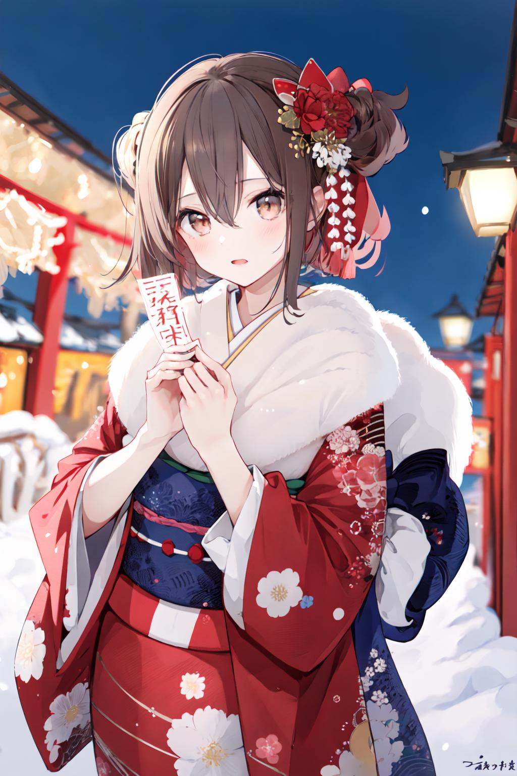 (masterpiece:1.2),best quality,PIXIV,1girl,japanese clothes,ema,kimono,long hair,solo,hamaya,brown hair,hair ornament,sash,looking at viewer,flower,floral print,hair flower,print kimono,blush,arrow (projectile),obi,brown eyes,holding,ribbon,bangs,wide sleeves,hair ribbon,long sleeves,two side up,hair between eyes,red kimono,outdoors,bell,holding arrow,black ribbon,jingle bell,blurry,new year,fur collar,breath,blurry background,standing,depth of field,pink flower,<lora:happy new year_20240102112354-000018:1>,