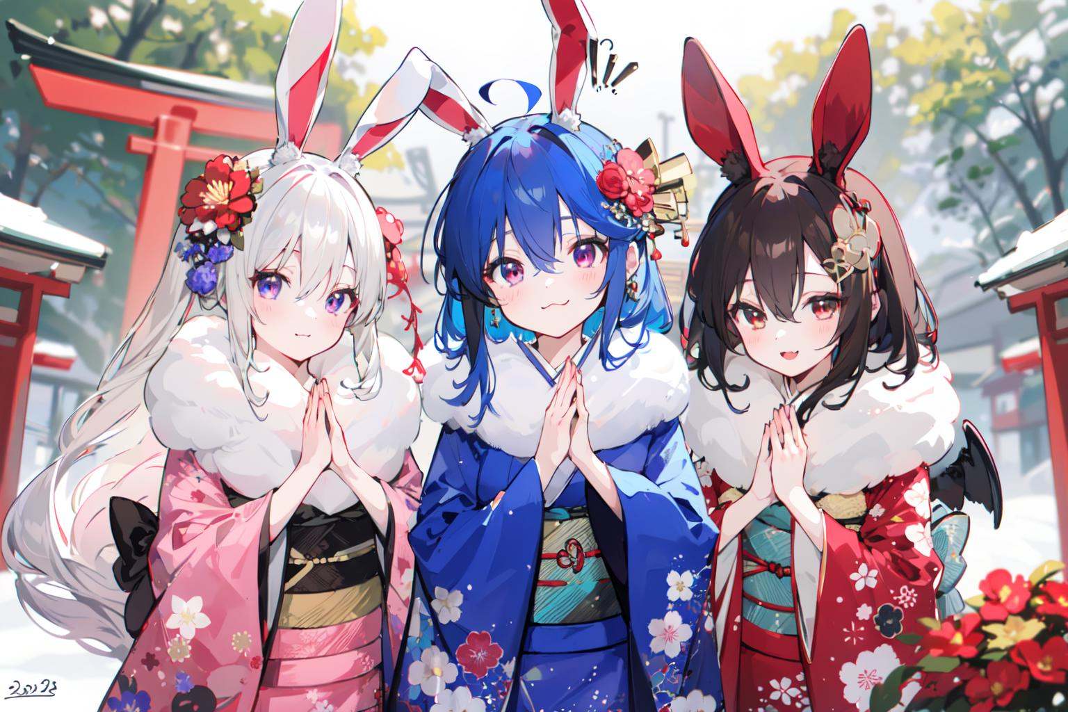 (masterpiece:1.2),best quality,PIXIV,multiple girls,kimono,animal ears,japanese clothes,rabbit ears,shrine,cirno,own hands together,inaba tewi,donation box,flower,red kimono,reisen udongein inaba,smile,looking at viewer,3girls,blue hair,hair flower,outdoors,short hair,purple hair,:3,wide sleeves,hair ornament,day,red flower,praying,hair bow,sash,alternate costume,bow,bangs,brown hair,red eyes,sidelocks,long sleeves,blush,standing,box,obi,palms together,ice,long hair,floral print,rope,blue kimono,alternate hairstyle,holding,closed eyes,tree,torii,closed mouth,hair between eyes,brown eyes,shimenawa,rabbit,blue bow,yellow bow,black hair,ice wings,open mouth,new year,print kimono,fur collar,fur trim,wings,<lora:happy new year_20240102112354-000018:0.8>,
