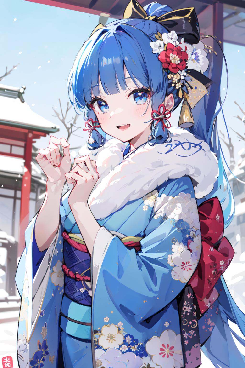 (masterpiece:1.2),best quality,PIXIV,1girl,kamisato ayaka,japanese clothes,kimono,smile,solo,omikuji,blue eyes,long hair,bangs,open mouth,looking at viewer,hair ornament,ponytail,holding,wide sleeves,sash,blunt bangs,:d,blue kimono,blue hair,long sleeves,upper teeth only,obi,mole under eye,floral print,outdoors,bow,teeth,ribbon,hair ribbon,hair flower,mole,flower,shrine,blush,hair bow,fur trim,new year,print kimono,flower knot,sidelocks,<lora:happy new year_20240102112354-000018:0.8>,