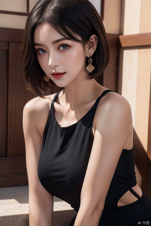 High quality,  masterpiece, Black short hair,  bare shoulder,  suspender,  earrings, Blue eyes,  fashionable girl,  cover girl,<lora:EMS-255513-EMS:0.600000>,<lora:EMS-213923-EMS:0.600000>