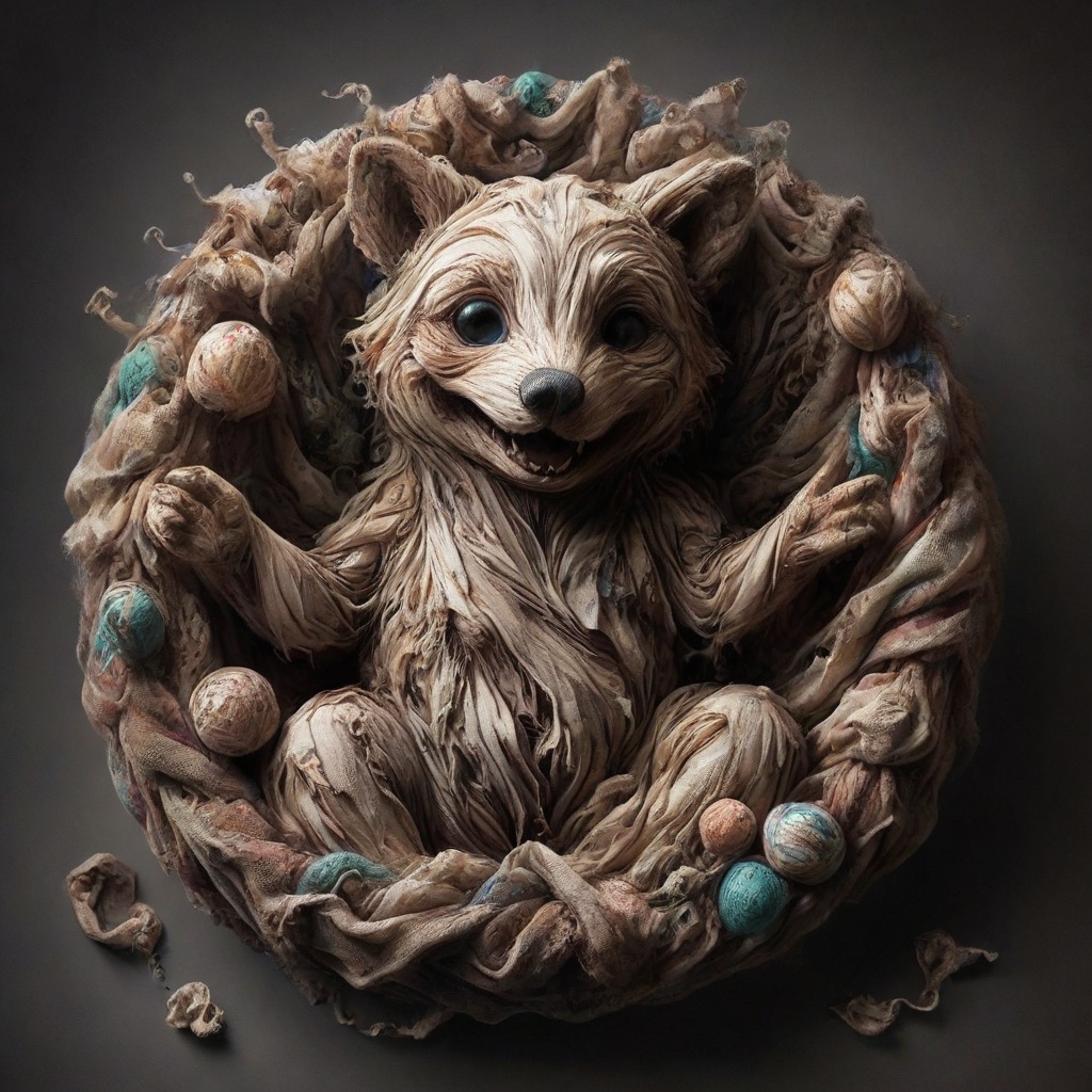Illustration of an anthropomorphic baby animal,  half-submerged in a vibrant ball pit with wide,  gleaming eyes and a beam...