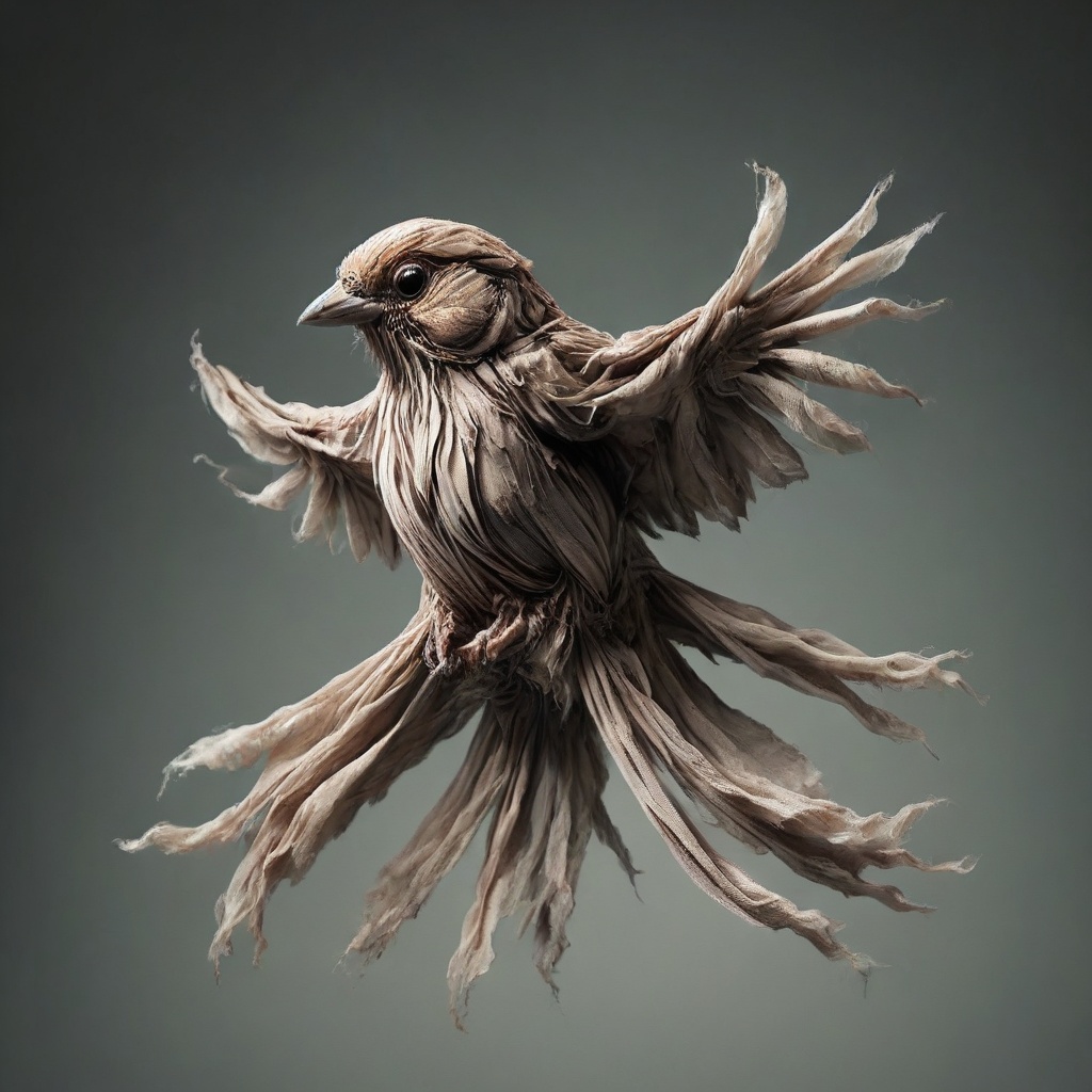 Cinematic Close dynamic angle of a sparrow while hovering in air,  pastel colors vertical lines background,  ugly on Tenso...