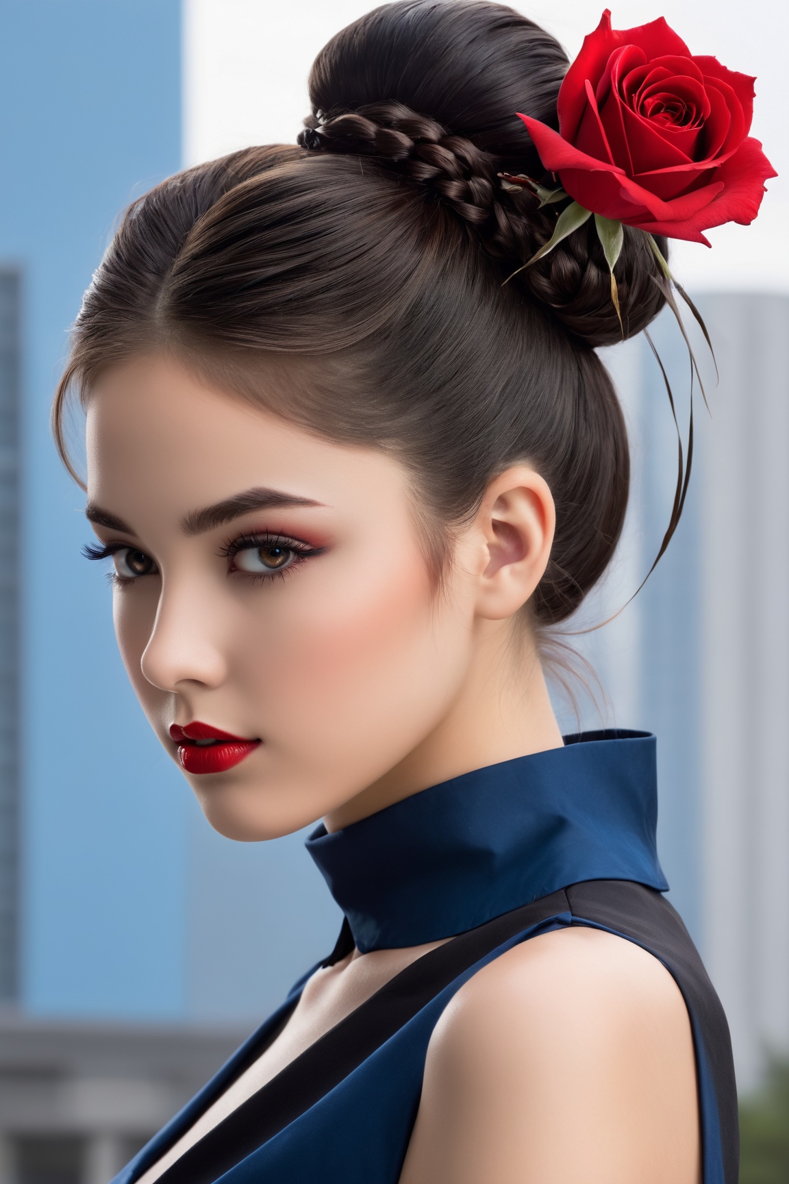 Experience the beauty of a high school girl with brown-black hair and fair skin,  her black eyes reflecting confidence and...