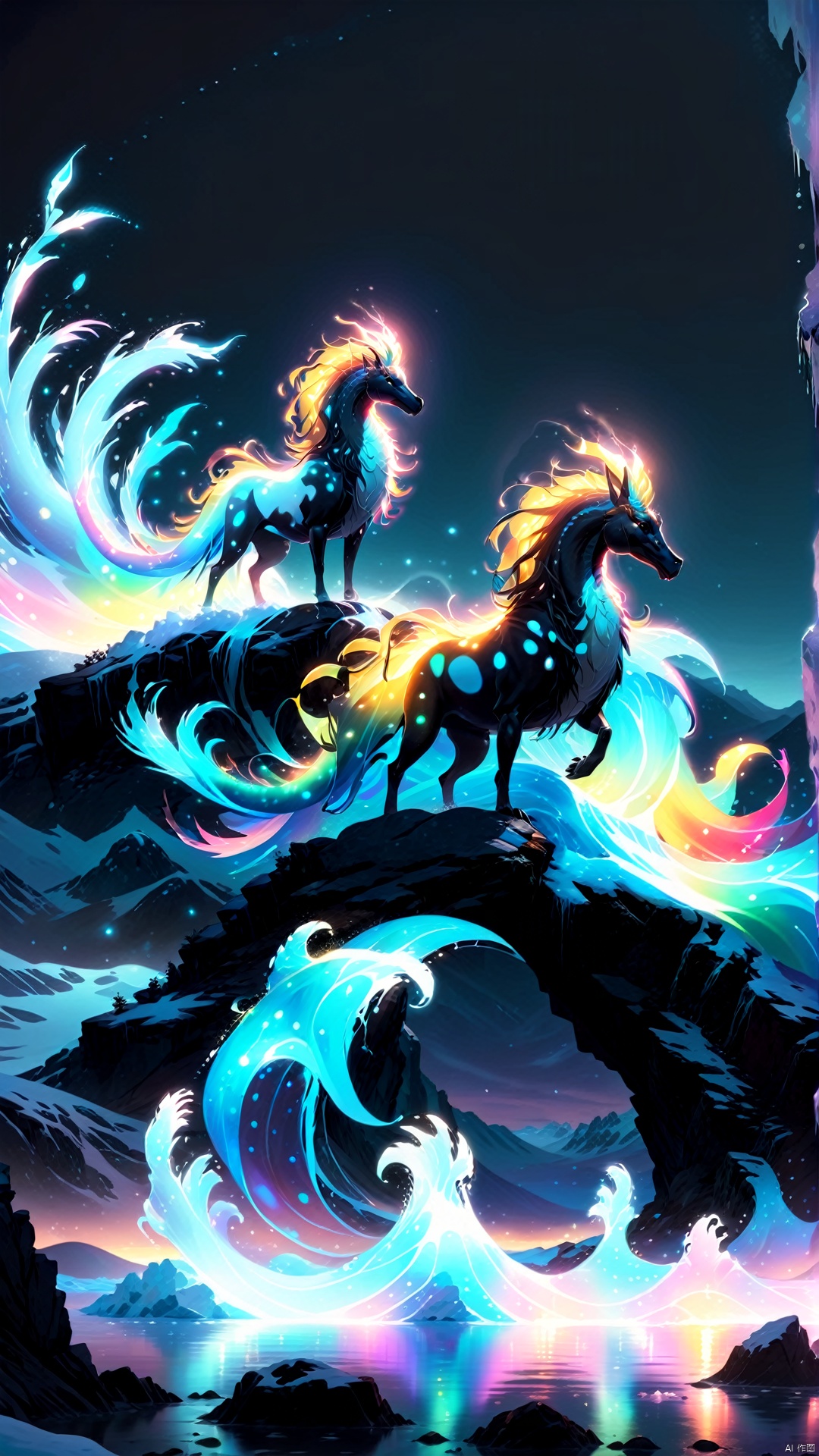 (Flat gradient color dots of light in flowing silhouette) Creatures (j/da), Cinematic Effects, (Extreme Complexity: 1.3), Action Poses, Magical Sea Creatures, Surreal, Mysterious, Unknown, Above the Icefield