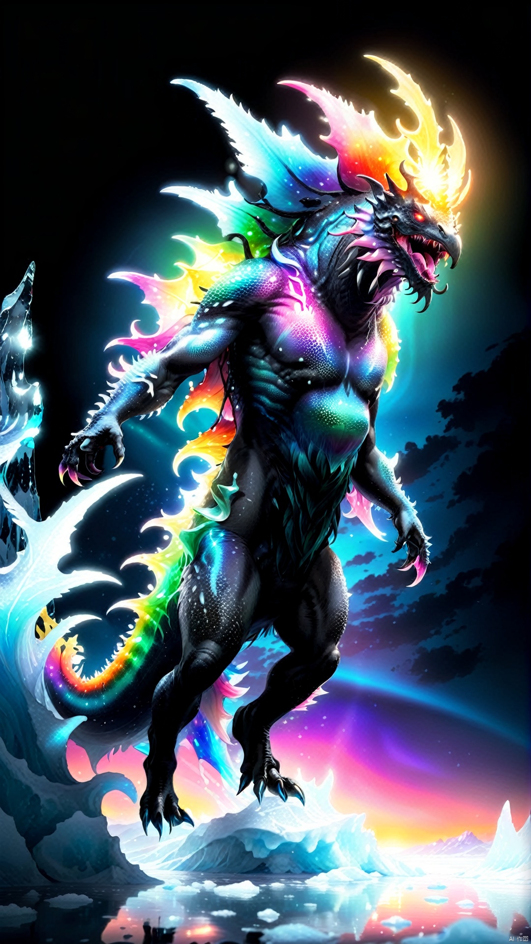 (Gradient bright colored points of light in black silhouette) Creature (j/da), Movie FX, (Extremely Complex: 1.3), Action Pose, Magical Sea Creature, Surreal, Mystery, Unknown, Above the Ice Field