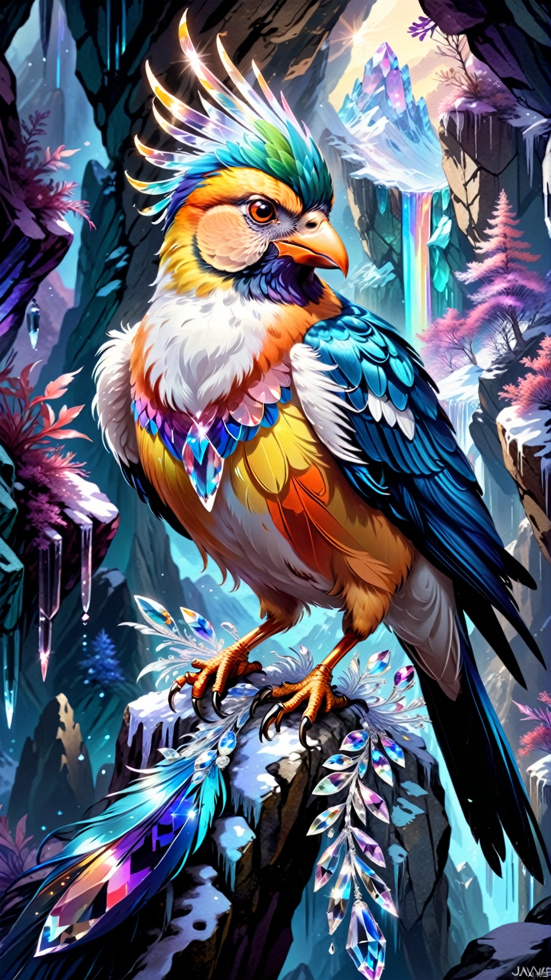 Creature (j/da) Verve (color art) (Fantasy style: 1.5) Hyper-realistic thick strokes: 1.5) (Exquisite details) The crystal-backed phantom bird lives in the Fantasy Mountains, which are filled with mysterious crystal caves and colorful spar. Their clear crystal feathers reflect the colorful light of the mountains, and to hide from predators they often blend into the surrounding crystal brilliance