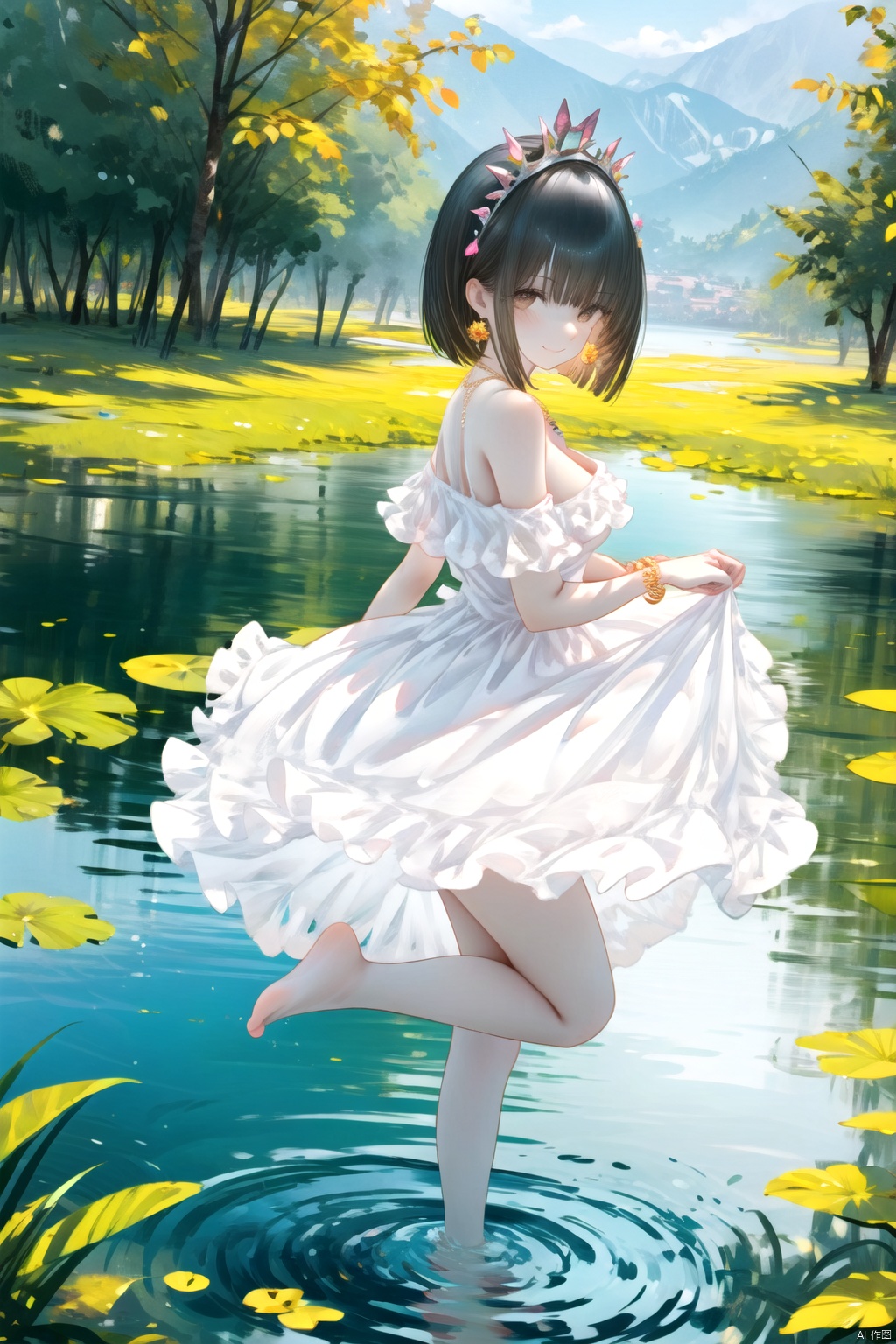 1girl, solo, barefoot, breasts, jewelry, short hair, anklet, looking at viewer, full body, sideboob, bare legs, black hair, dress, bangs, small breasts, bare shoulders, wide sleeves, blush, detached sleeves, tiara, brown eyes, parted lips, long sleeves, bob cut, feet, earrings, green dress, brown hair, toes, standing on one leg, legs, sideless outfit, leg up, pelvic curtain, standing, revealing clothes, thighs, headpiece, hairband, medium breasts, closed mouth, gold, from side, bracelet, no panties, see-through, black eyes, no bra, circlet, floating, necklace, border, soles, smile, toenails, off shoulder, hair ornament, gem, shiny, sleeveless dress