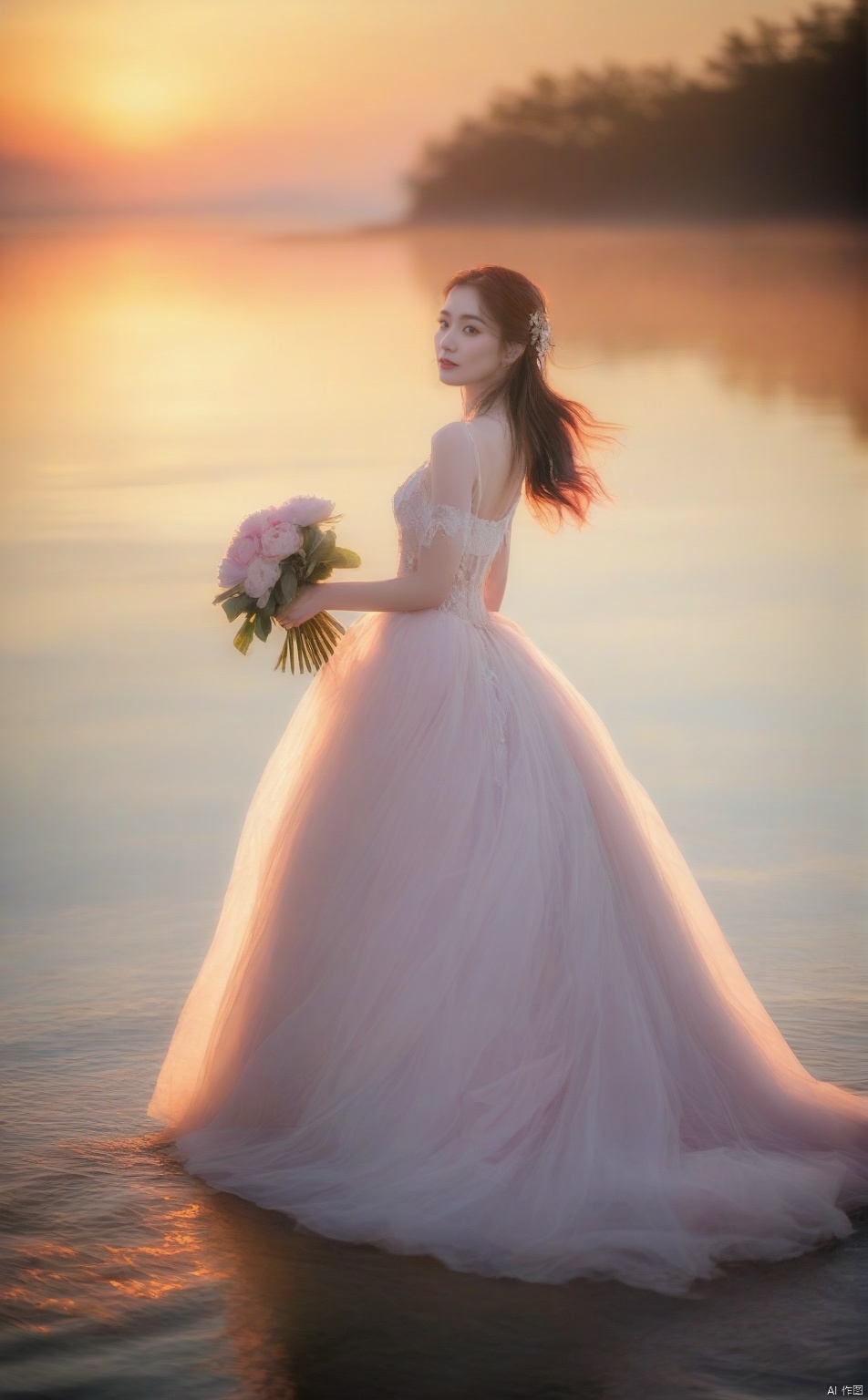  masterpiece, dreamy_waterfront_wedding_gown_photography, 10K resolution, (ethereal_romance:1.3), delicate_details, soft_lighting,
1 bride, wearing_a_lace_and_tulle_ball_gown, holding_bouquet_of_peonies, standing_by_the_shoreline, solo_shot, flowing_hair, radiant_expression, graceful_pose, slender_build,
serene_lake_view, sunset_reflections, rippling_water, (pastel_tones:1.2),
three-quarter_view, shallow_depth_of_field, Canon EOS R5 with AI-supported lens, ISO400, f/2.8 aperture, shutter_speed_1/160s,
gossamer_dress_floating_in_breeze, character_basking_in_evening_light, capturing_the_magical_moment_of_a_bride_at_water's_edge., girl