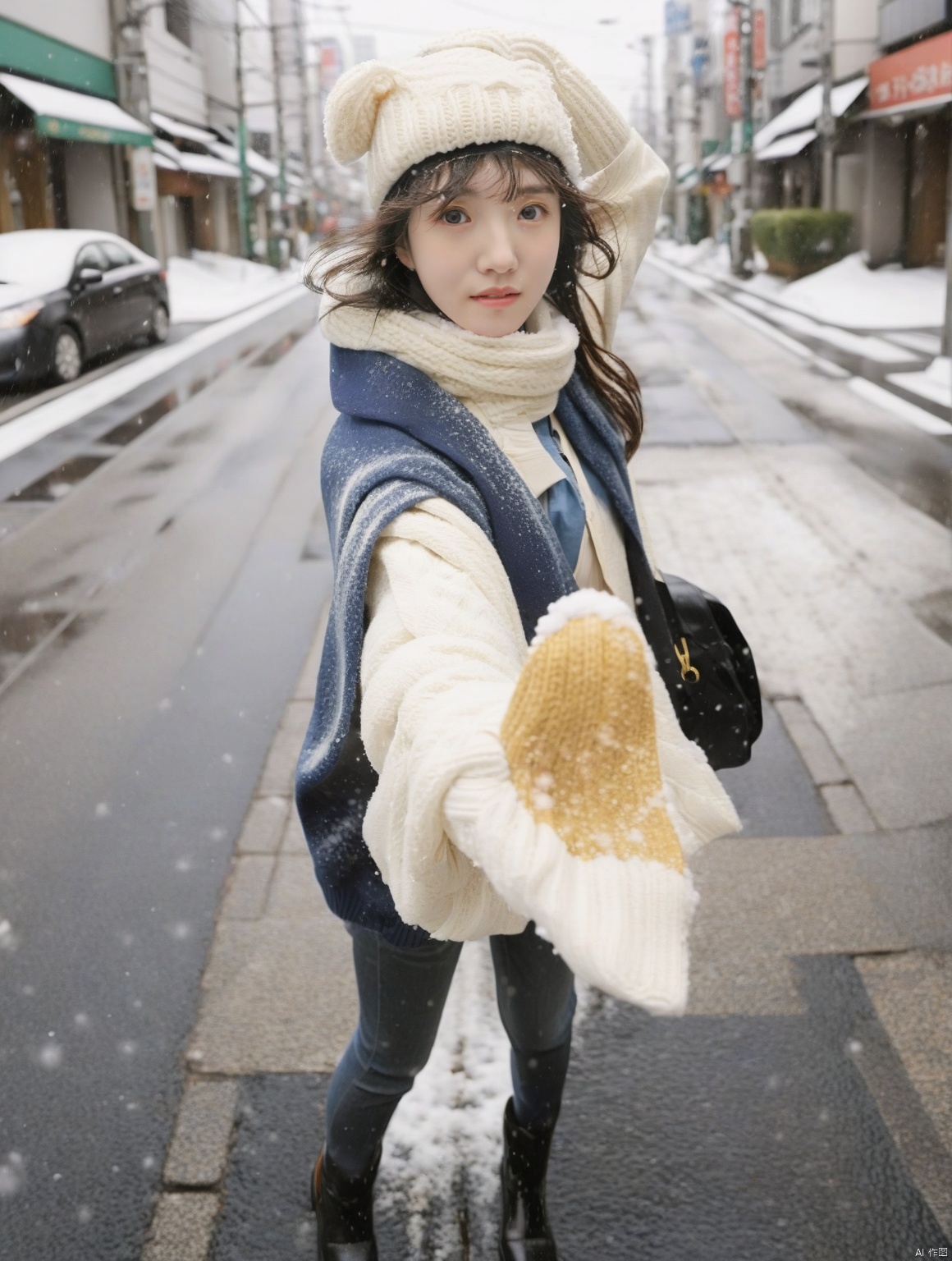  1girl,Exaggerated perspective , ultra wide shot,reaching out hand,foreshortening, on the tokyo street, realistic, highres, female focus, solo,snowy day, scarf, hat, flying snow,