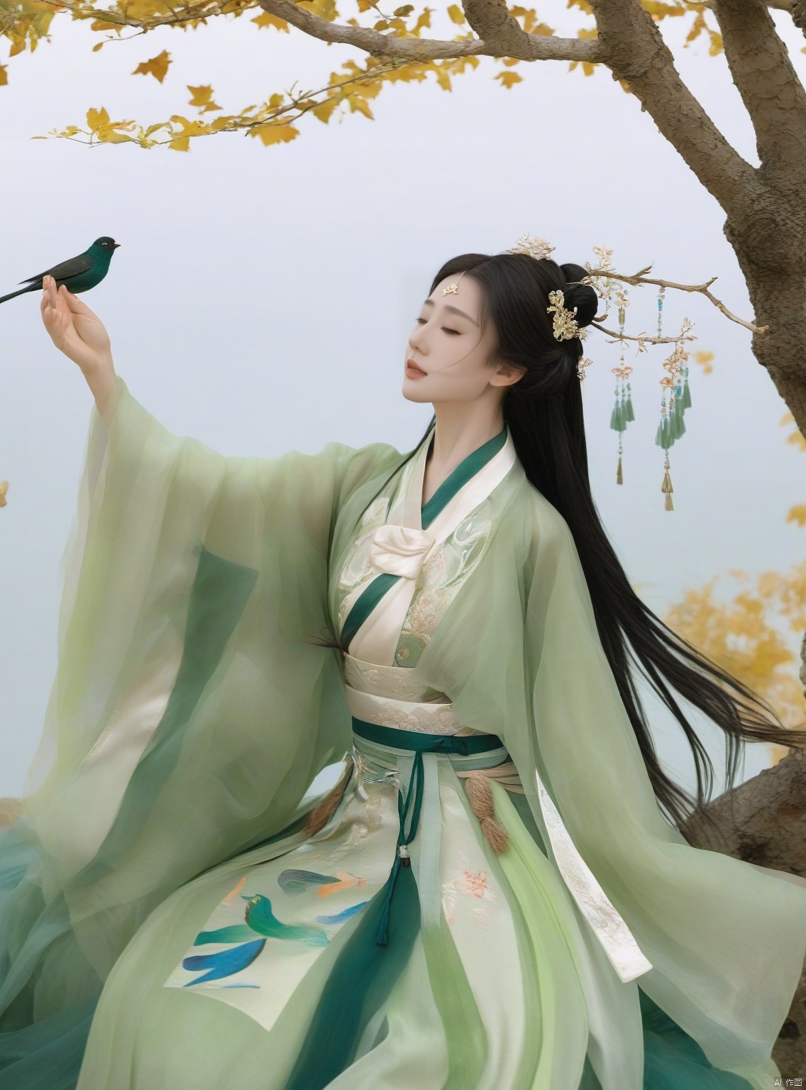  a woman in a green dress sitting on a tree branch with a bird flying over her head and a bird flying over her head,1girl,hanfu,hair ornament,black hair,long sleeves,chinese clothes,shawl,holding,jewelry,solo,long hair,full body,dress,tassel,earrings,tree,forehead mark,wide sleeves,breasts,hair stick,flower,hair bun,green dress,cleavage,bird,closed mouth,norfleet,Best quality,masterpiece,ultra high res, chinese clothes, light master,,guanzhilin