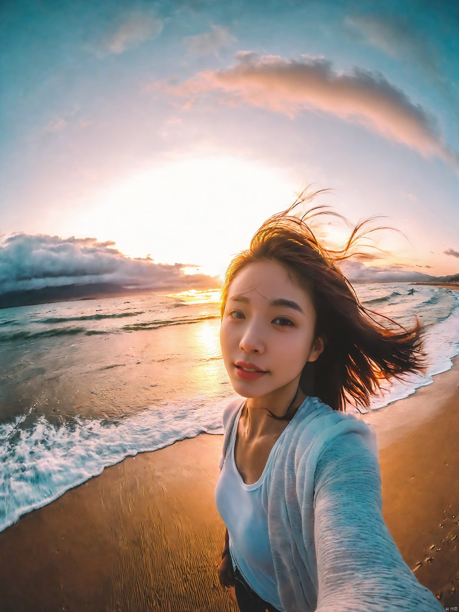  xxmix_girl,a woman takes a fisheye selfie on a beach at sunset, the wind blowing through her messy hair. The sea stretches out behind her, creating a stunning aesthetic and atmosphere with a rating of 1.2.,xxmix girl woman