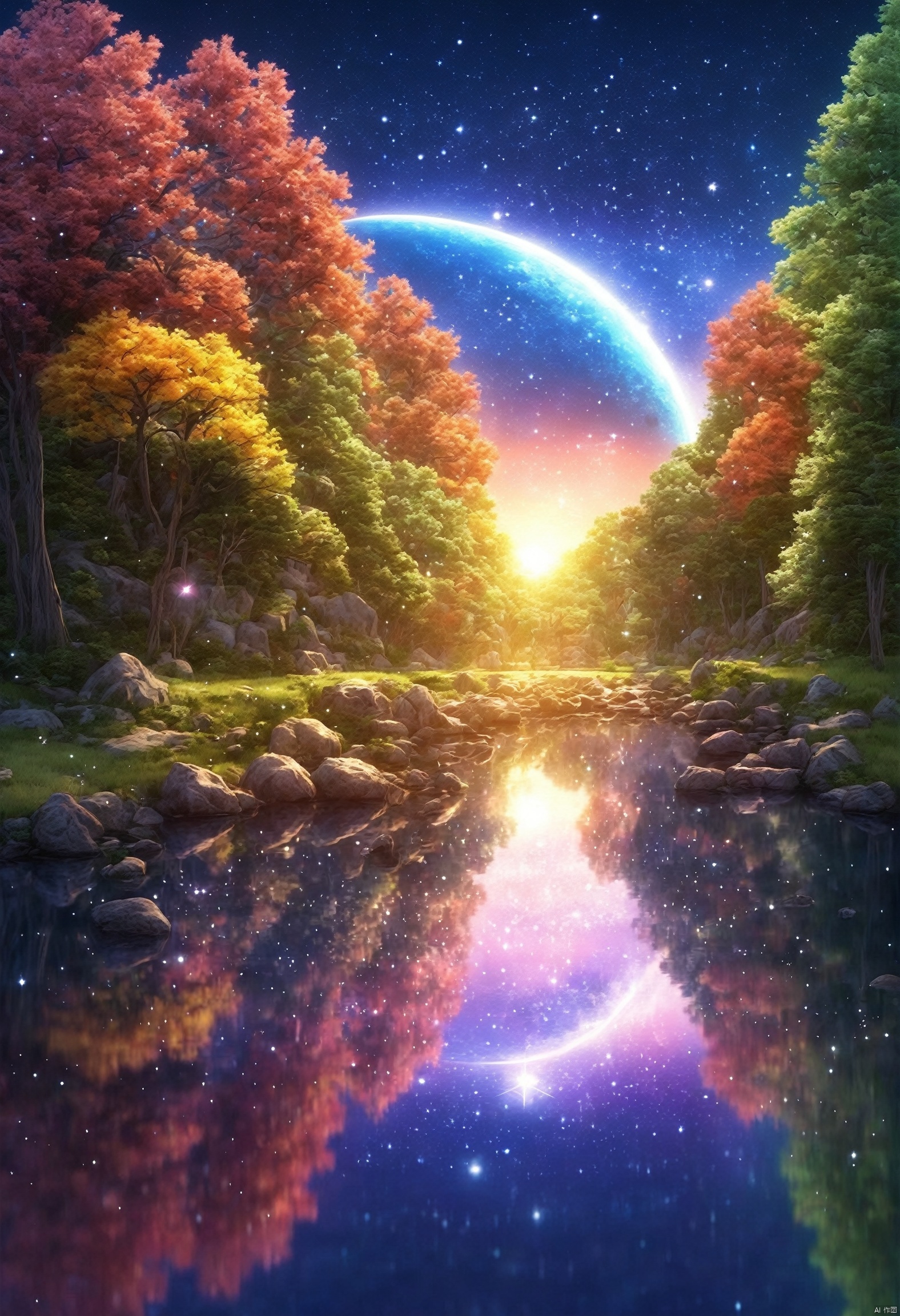 masterpiece, masterpiece, ultra-detail, meteor shower, comet, moon, starry sky, lake reflection, dreamlike scene, colorful trees, anime CG, exquisite image
