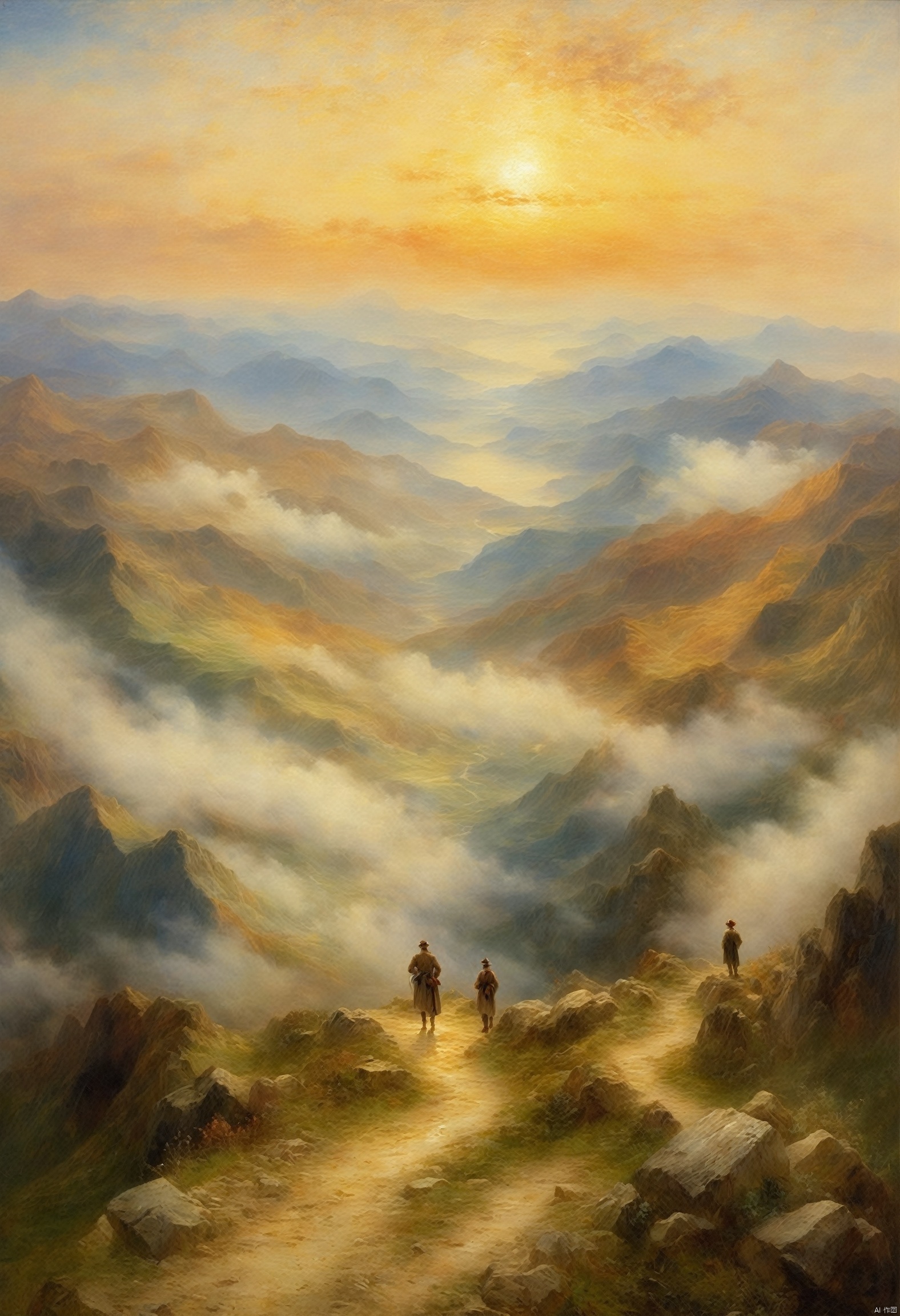 ((best quality)), ((masterpiece)), (painterly style), mountain landscape oil painting, (JMW Turner lighting:1.2), morning clouds drifting among peaks, (ethereal composition:1.3), tiny figure on winding path far below, (atmospheric perspective:1.1), vast distances crossed in a day's travel, (misty atmosphere:1.2), fading trails into the distance, (poetic mood:1.3), (8k resolution:1.0),