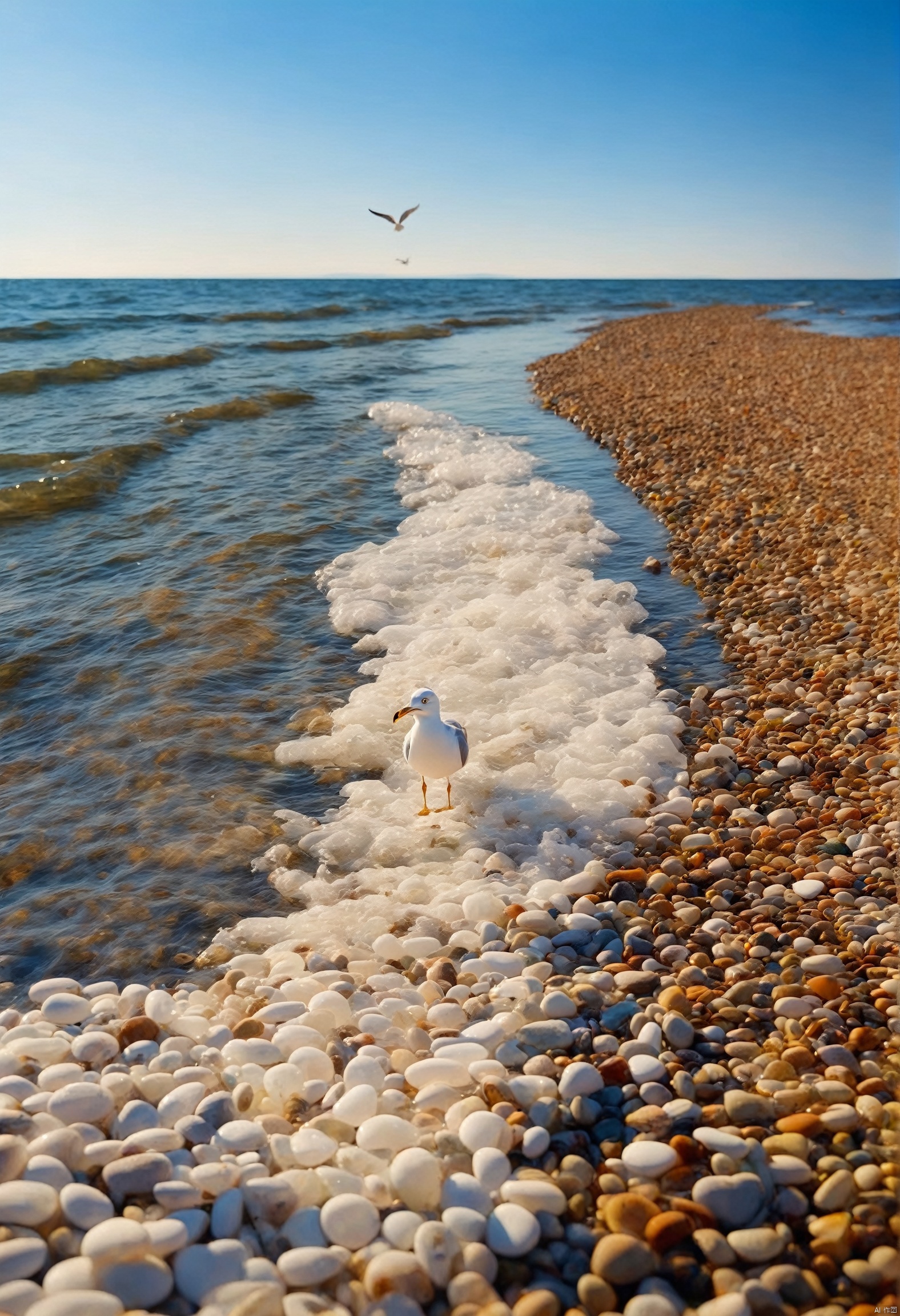 high quality,High image quality,1080P,sea level,Only the sea,From the shore towards sea level,clear sky,In smooth water,vision,Clear,One way,Water floods the pavement,pebbles,SUN,blue sky,white clouds,Glow,Reflected light from the surface of the water,seagull, Minimalism
