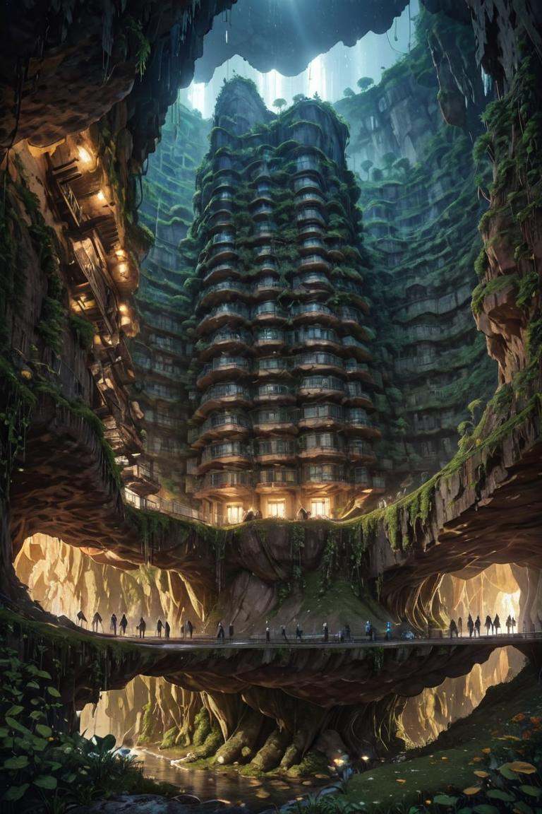(FIRST PEOPLE PERSPECTIVE VIEW,  marvellous settlement,  spectacular ruins,  stonewalls,  maze:1.8), (settlement hidden in a cave dwelling:1.5), (Son Doong|sinkhole|underground_cave welling:1.4), (landscape architecture,  brutalist architecture:1.3), (large file,  super realistic,  4k,  8K,  16k,  FHD,  HD,  VFX,  perfect,  photograpy,  super high resolution,  cinematic photography:1.1), (extra long shot,  wide-angle lens,  POV,  DOF:1.2),  rich shadow, (harmonious color:1.1),  night,  lowlight,  lightless,  nightview, FUTURE_URBAN,  Apartment , furure_urban, future_skyline, urban,  badweather,  dark clouds,  horizontal decorative,  dark theme, city, badweather, dark clouds,  (dark theme:1.5), ,  heavy rain,  (raindrop details:1.4), , caveruinsPOV,  more detail XL,  science fiction,  extremely detailed structure,  futureurban, futureskyline, caveruinsPOV, cliffbuilding,<lora:EMS-59651-EMS:0.700000>,<lora:EMS-254948-EMS:0.200000>,<lora:EMS-255617-EMS:1.300000>