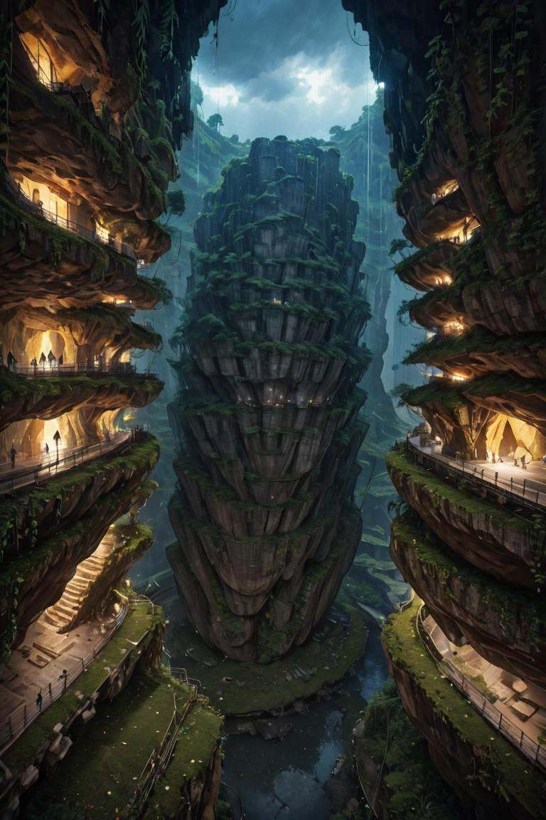 (FIRST PEOPLE PERSPECTIVE VIEW,  marvellous settlement,  spectacular ruins,  stonewalls,  maze:1.8), (settlement hidden in a cave dwelling:1.5), (Son Doong|sinkhole|underground_cave welling:1.4), (landscape architecture,  brutalist architecture:1.3), (large file,  super realistic,  4k,  8K,  16k,  FHD,  HD,  VFX,  perfect,  photograpy,  super high resolution,  cinematic photography:1.1), (extra long shot,  wide-angle lens,  POV,  DOF:1.2),  rich shadow, (harmonious color:1.1),  night,  lowlight,  lightless,  nightview, FUTURE_URBAN,  Apartment , furure_urban, future_skyline, urban,  badweather,  dark clouds,  horizontal decorative,  dark theme, city, badweather, dark clouds,  (dark theme:1.5), ,  heavy rain,  (raindrop details:1.4), , caveruinsPOV,  more detail XL,  science fiction,  extremely detailed structure,  futureurban, futureskyline, caveruinsPOV, cliffbuilding,<lora:EMS-255617-EMS:1.500000>,<lora:EMS-59651-EMS:0.700000>,<lora:EMS-254948-EMS:0.200000>