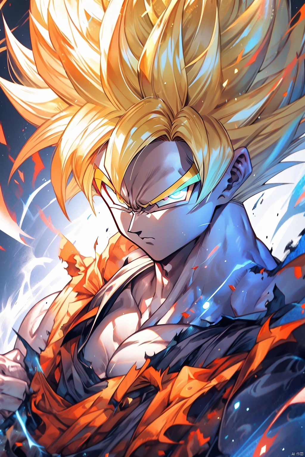 ((best quality)), masterpiece, ((ultra-detailed)), illustration, 8k wallpaper, ((extremely detailed CG unity 8k wallpaper)), (extremely detailed eyes and face), huge filesize, game cg, songoku, male focus, 1boy, solo, blonde hair, muscular, super saiyan, spiked hair, looking at viewer, glowing, topless male, muscular male, torn clothes, abs, pants, pectorals, aura, serious, clenched hands, glowing eyes