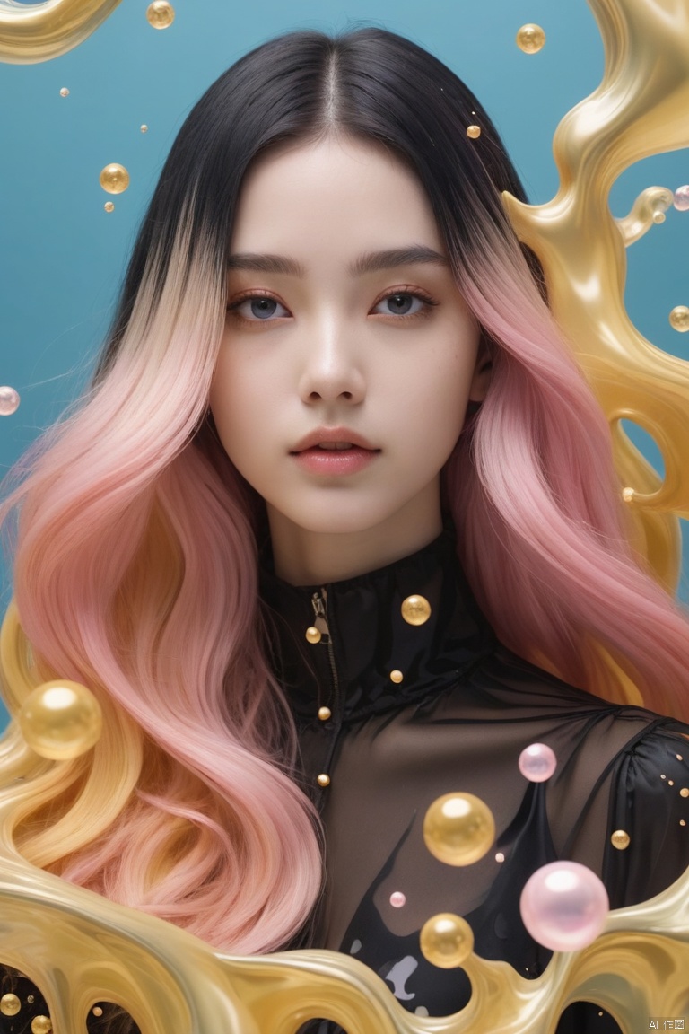 1 girl stands in black and gold fluid, looks at viewer, (fractal art:1.3), black and gold, floating pink long hair, precise facial structure, Gradient white|light blue fluid, organic feel, bubbles, cowboy shot, vivid color, colorful background,
