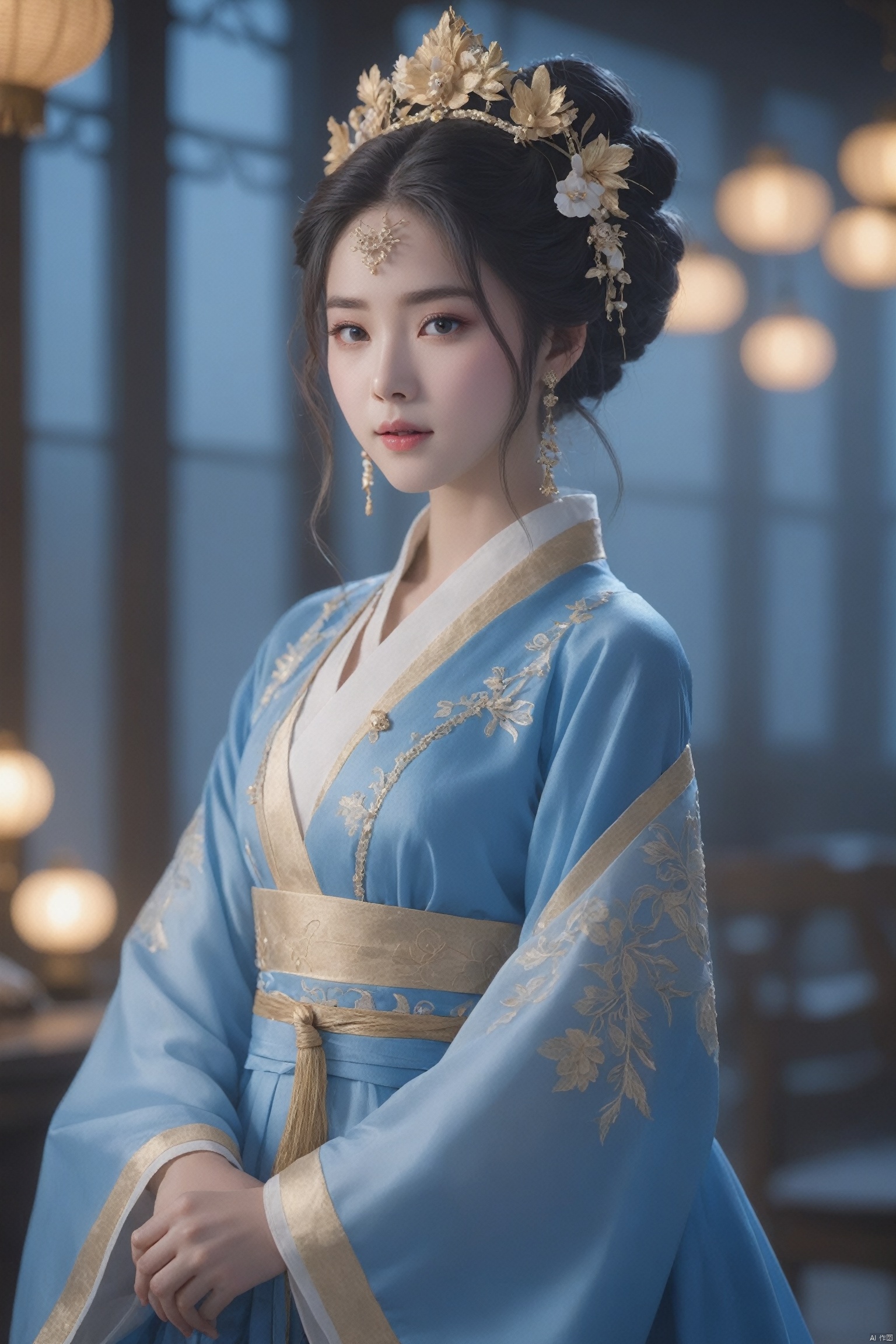 HUBG_Rococo_Style(loanword), 1girl, hanfu, Portrait of noble and graceful goddess, dressed in blue and gold, elaborate coiffure hairstyle, dark hair, decoration, 16K, UHD, HDR, Brilliant scene with bright lights, mist, numerous decorations, joyful atmosphere, light smile,
