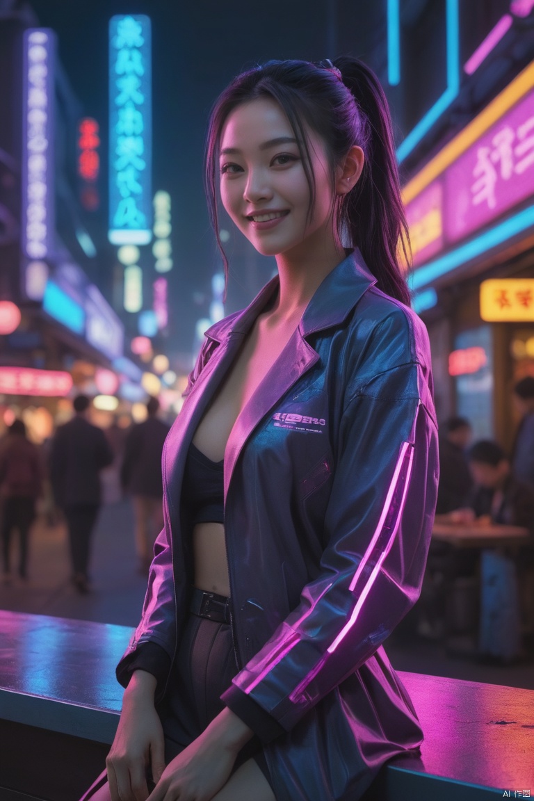 sci-fi magic and composition,intricate's diagram hray,fluorescence,cyberpunk,rich special effects,vivid color,neon city,cityscape,LED Light Bar,eastern,asian girl,dressed,smile,realistic,,