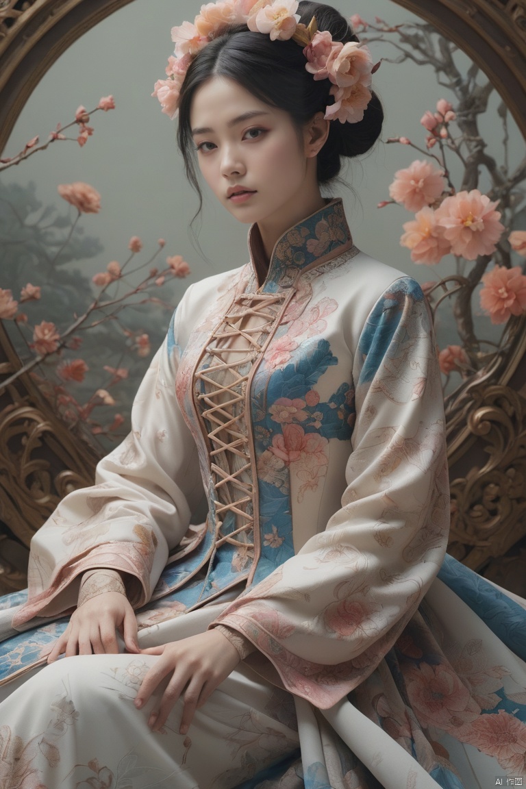 official art, HUBG_Rococo_Style(loanword), hanfu, unity 8k wallpaper, ultra detailed, beautiful and aesthetic, masterpiece, best quality, (zentangle, mandala, tangle, entangle), (fractal art:1.3), 1girl, extremely detailed, dynamic angle, cowboy shot, the most beautiful form of chaos, elegant, a brutalist designed, vivid colours, romanticism, by james jean, roby dwi antono, ross tran, francis bacon, michal mraz, adrian ghenie, petra cortright, gerhard richter, takato yamamoto, ashley wood, atmospheric, ecstasy of musical notes, streaming musical notes visible,
