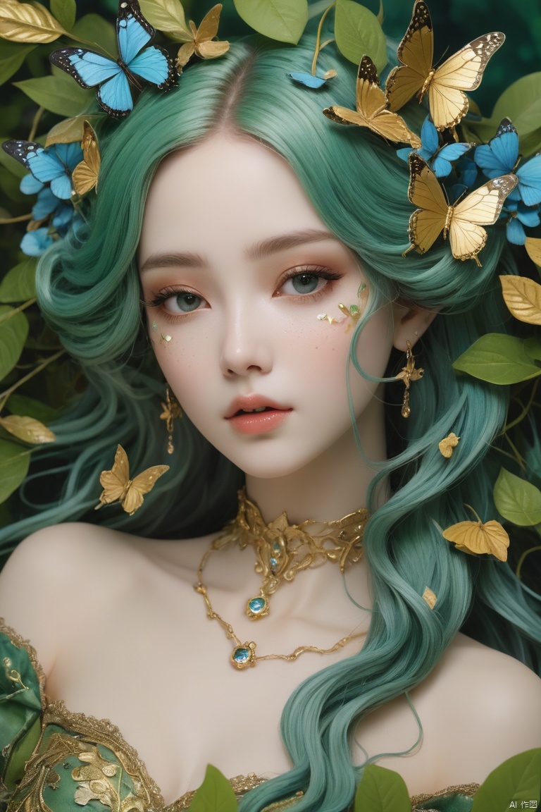 splash art, digital painting, alcohol ink painting, luminism, golden lines, BjD doll face, porcelain skin, baroque, long swirling green hair, lavish green leaves, falling blue flowers, celestial lighting, butterflies, tree branches, sky, golden glowing, water drops,

best quality, masterpiece, high res, absurd res,
perfect lighting, vibrant colors, intricate details,
high detailed skin, pale skin,
