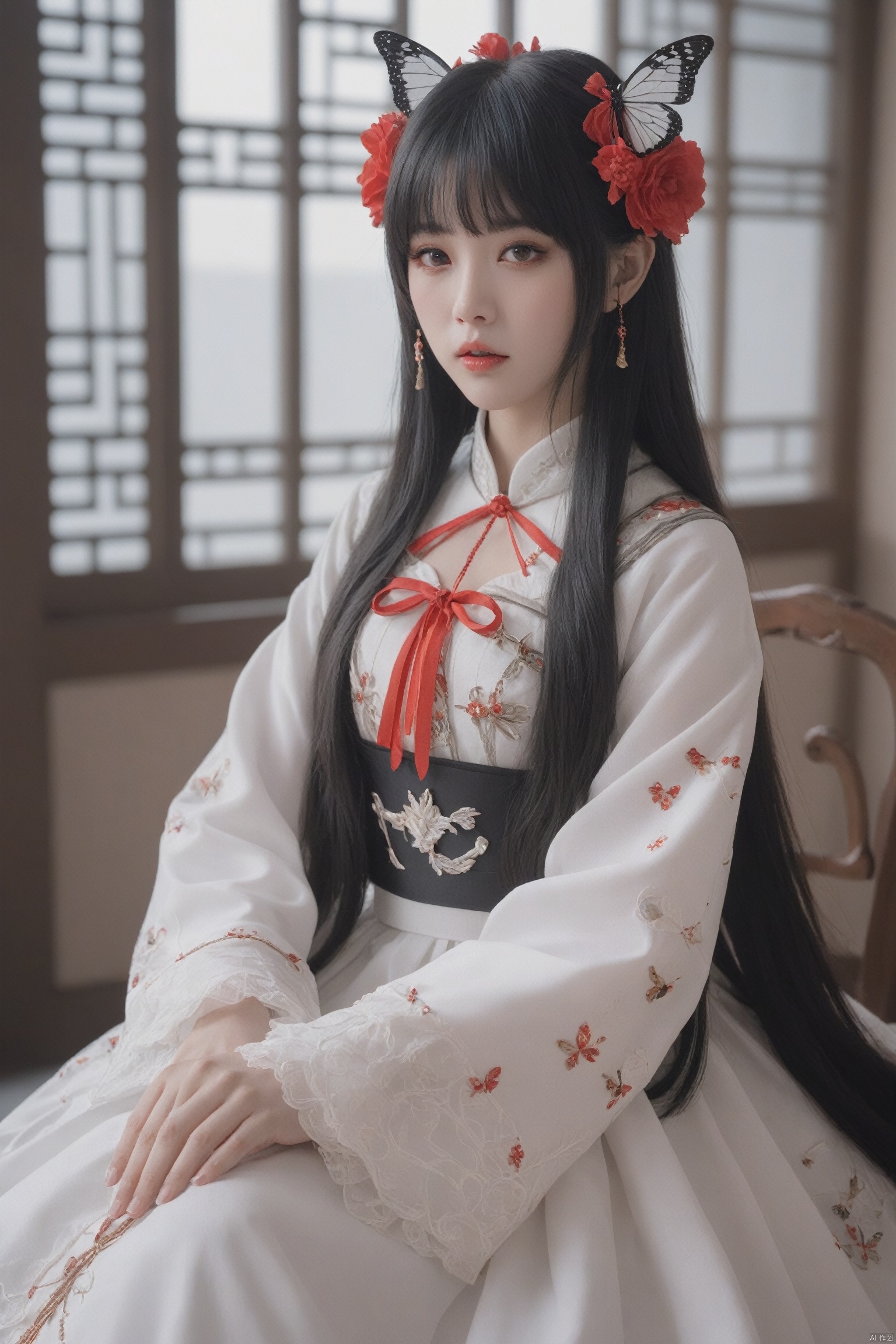 HUBG_Rococo_Style(loanword), 1girl, solo, Chinese clothes, long hair, butterfly, pale skin, bug, black hair, Hanfu, hime cut, bangs, bracelet, blunt bangs, jewelry, red eyes, (flower Theme),cowboy shot, (alive skin)

