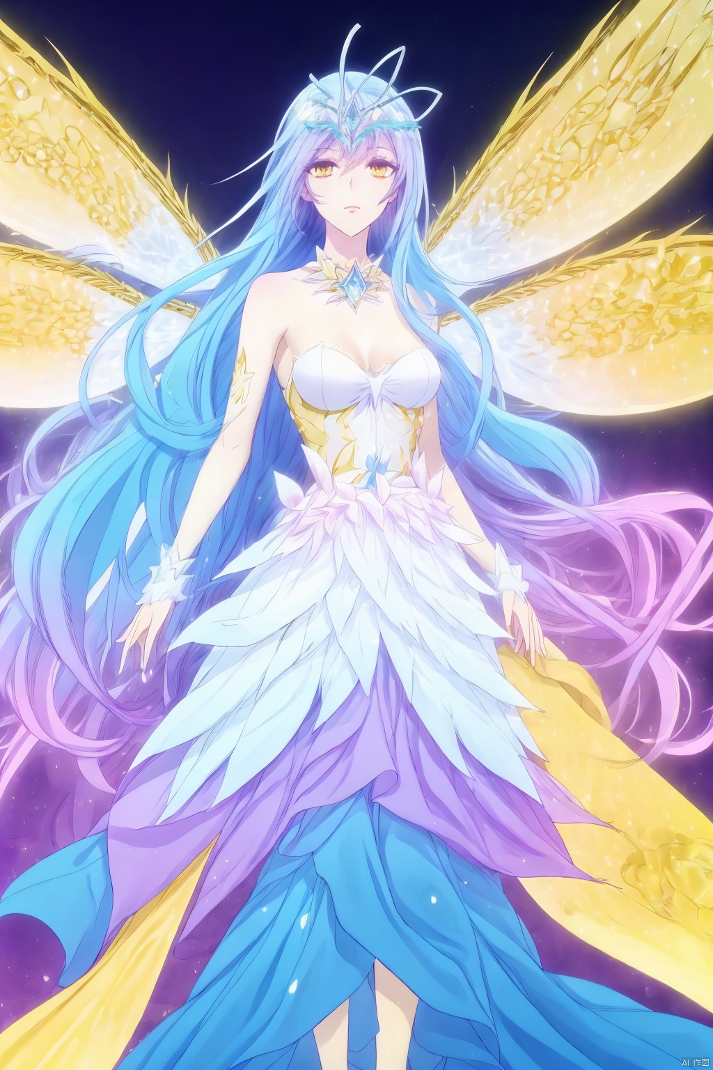  (8k, RAW photo, best quality, masterpiece:1.2),(realistic, photo-realistic:1.1),ultra-detailed,extremely detailed cg 8k wallpaper,(crystalstexture skin:1.4),(extremely delicate and beautiful),1girl, solo, long hair, blue hair, dress, wings, multicolored hair, bare shoulders, very long hair, brown eyes, antenna hair, butterfly wings, butterfly, bug, looking at viewer, hair ornament, breasts,full body, long hair, yellow eyes, blue hair, dress, bare shoulders, wings, breasts, purple hair, upper body,((looking at viewer)), 1girl,, flower_field, lips, ,