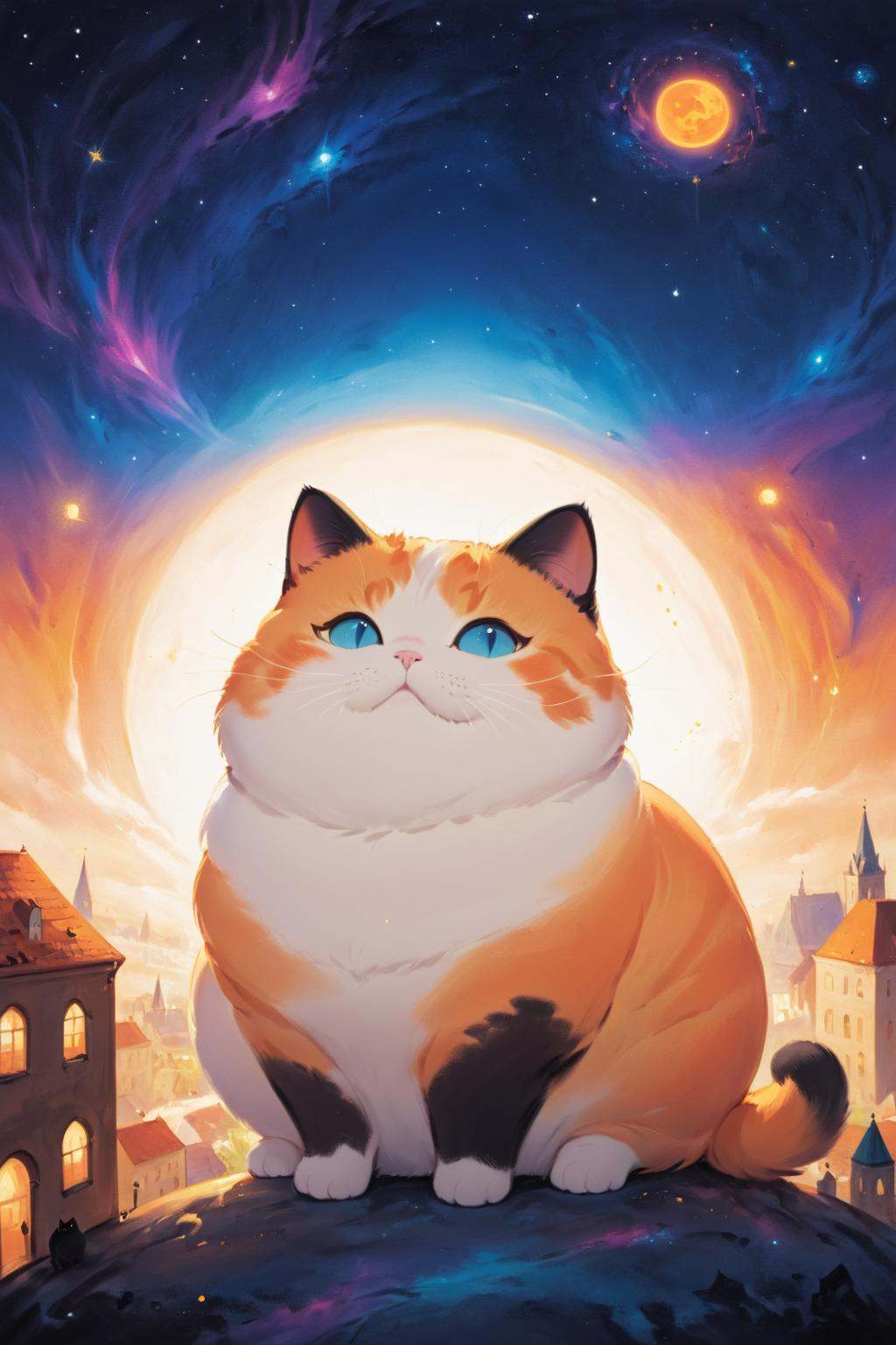 cosmic canvas,  orange city background,  painting of a chubby cat on Tensor.Art
